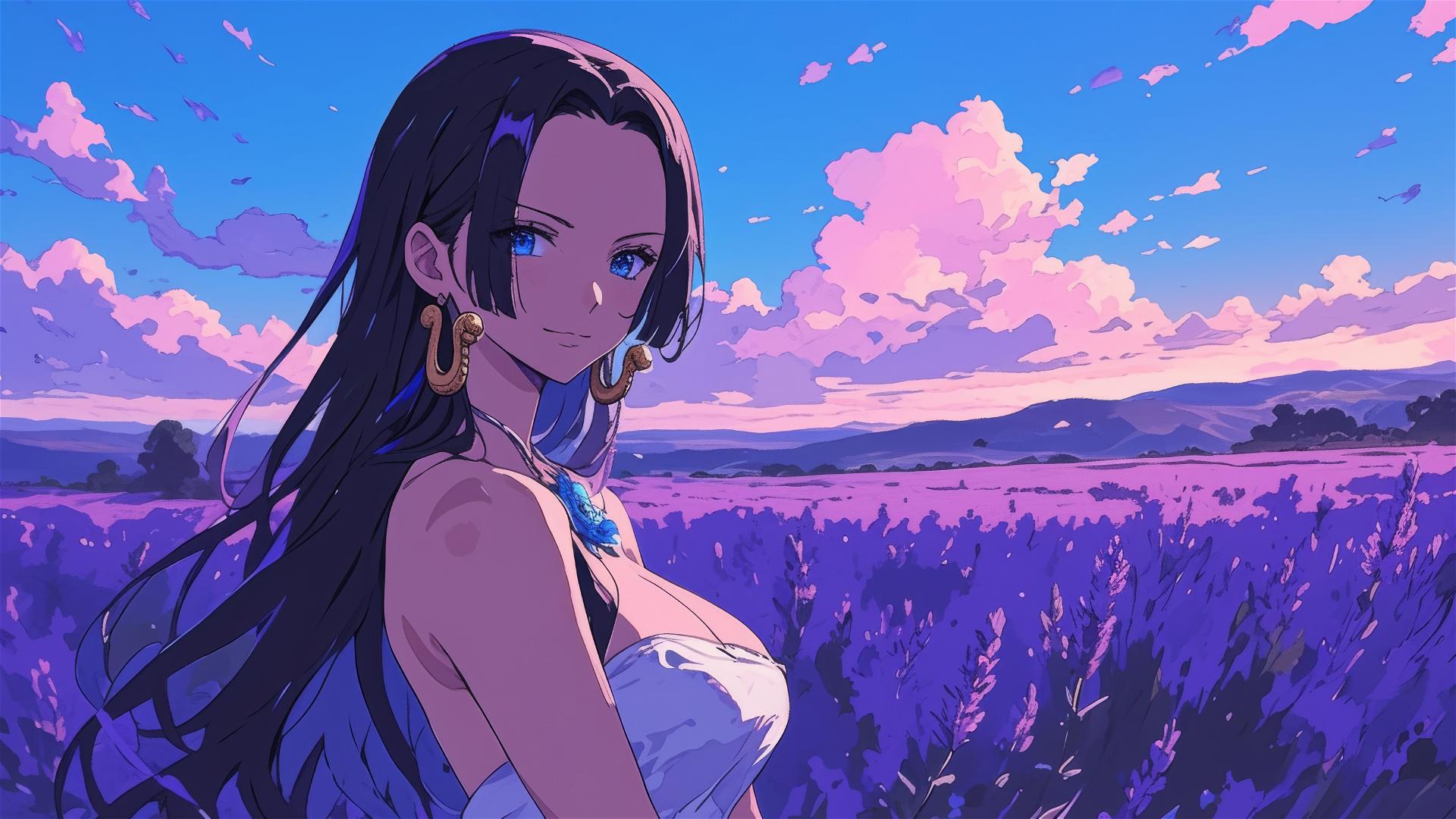 Boa Hancock from One Piece walking in a lavender field at sunset