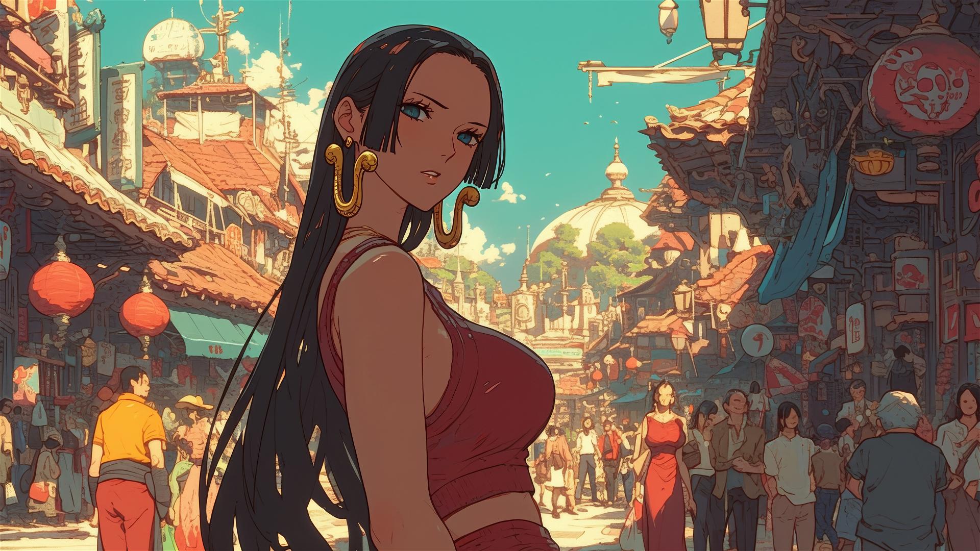 Boa Hancock from One Piece shopping in a village with soft glowing streetlights