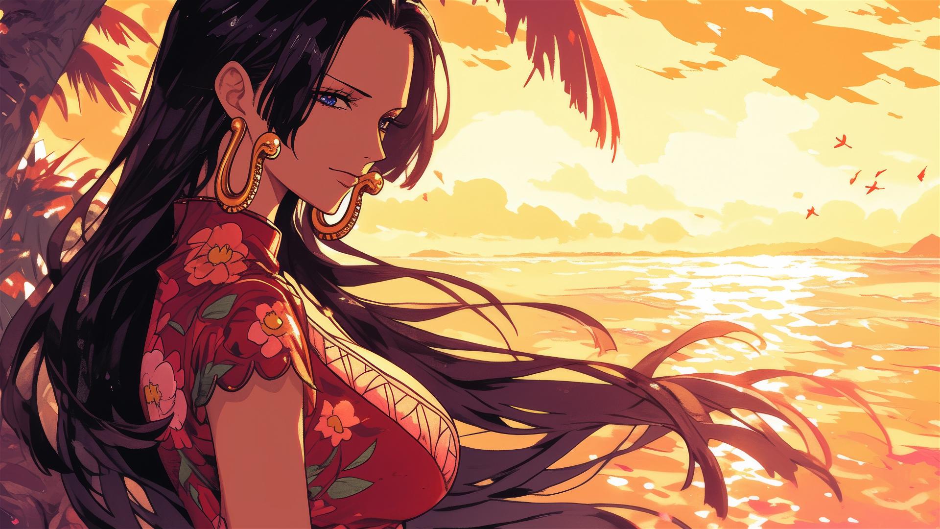 Boa Hancock from One Piece walking by a riverbank at twilight