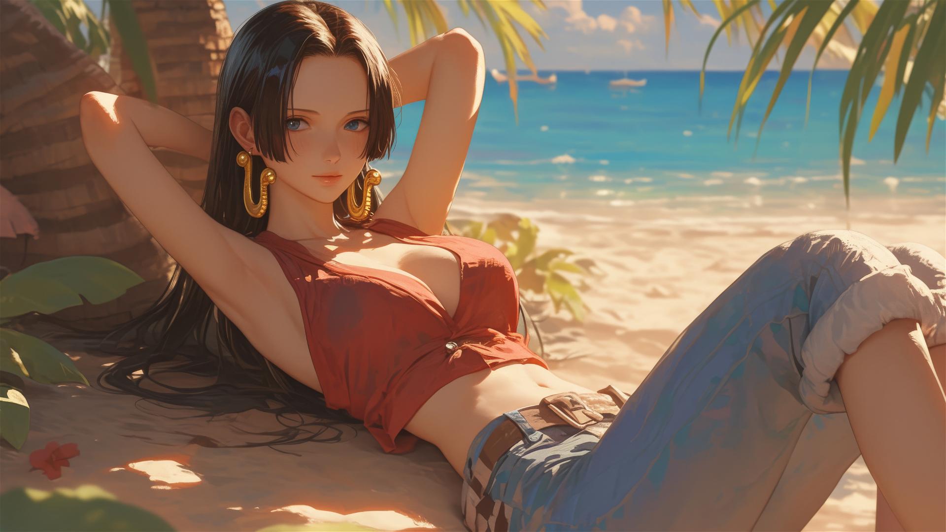 Boa Hancock from One Piece relaxing on a beach at sunset
