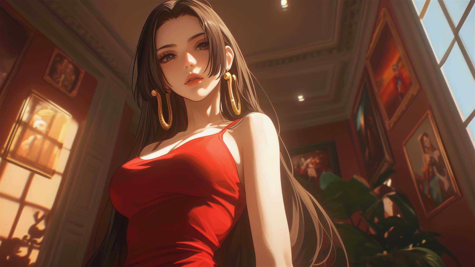 Boa Hancock from One Piece in an art gallery under soft lights