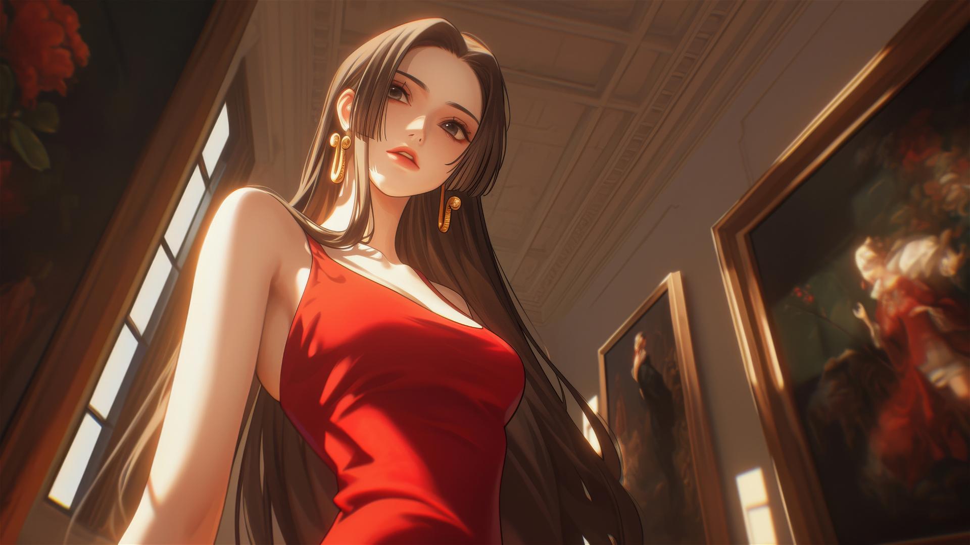 Boa Hancock from One Piece wandering in an art gallery with soft lighting.