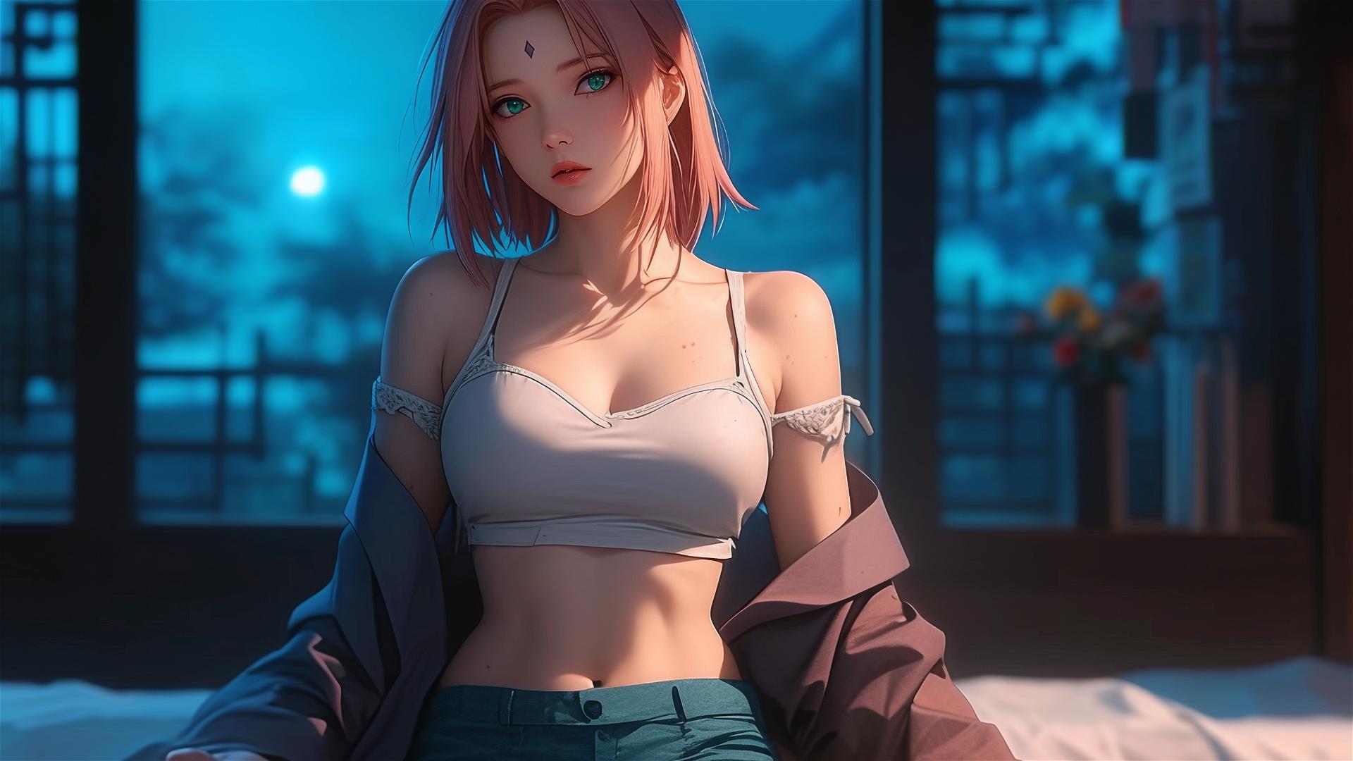 Sakura Haruno from Naruto resting in a Japanese style house under moonlight
