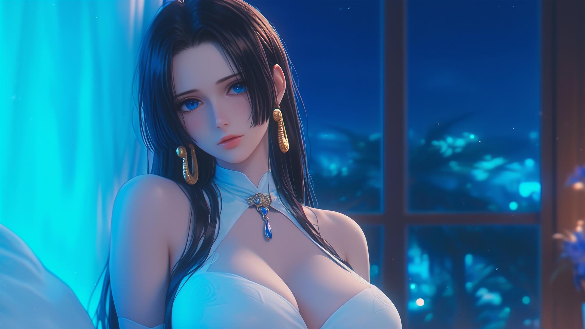 Boa Hancock resting in apartment under moonlight, short hair