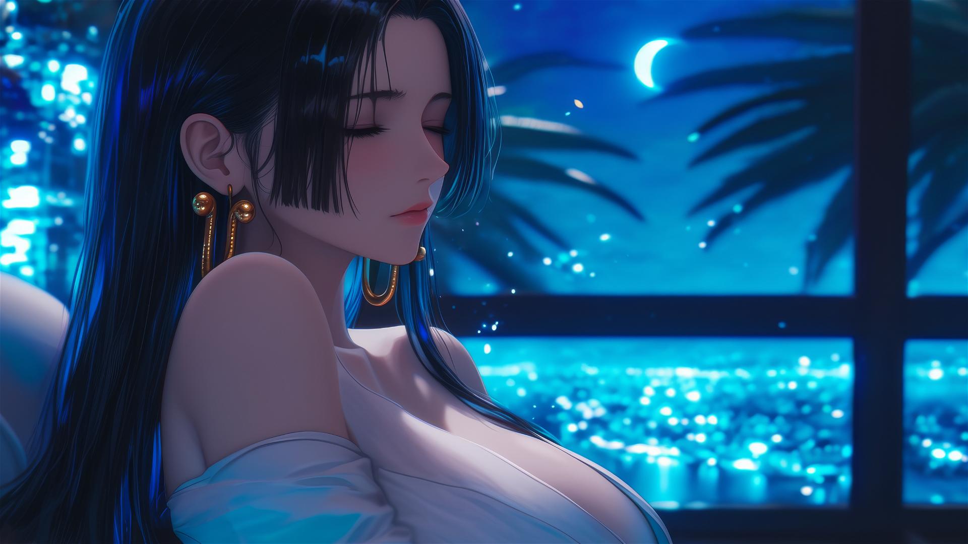 Boa Hancock from One Piece sitting leisurely under moonlight