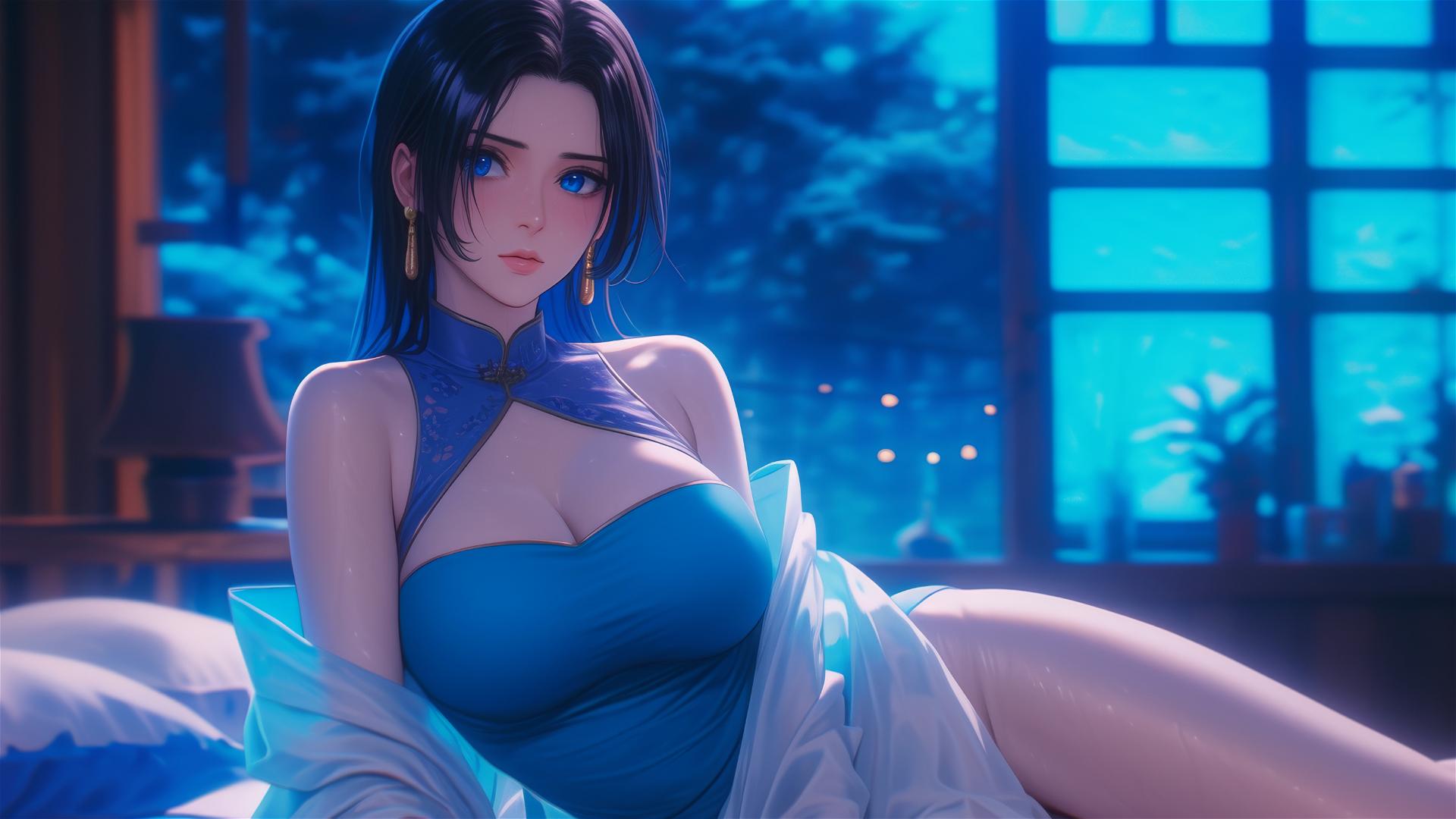 Boa Hancock from One Piece resting in an apartment under moonlight