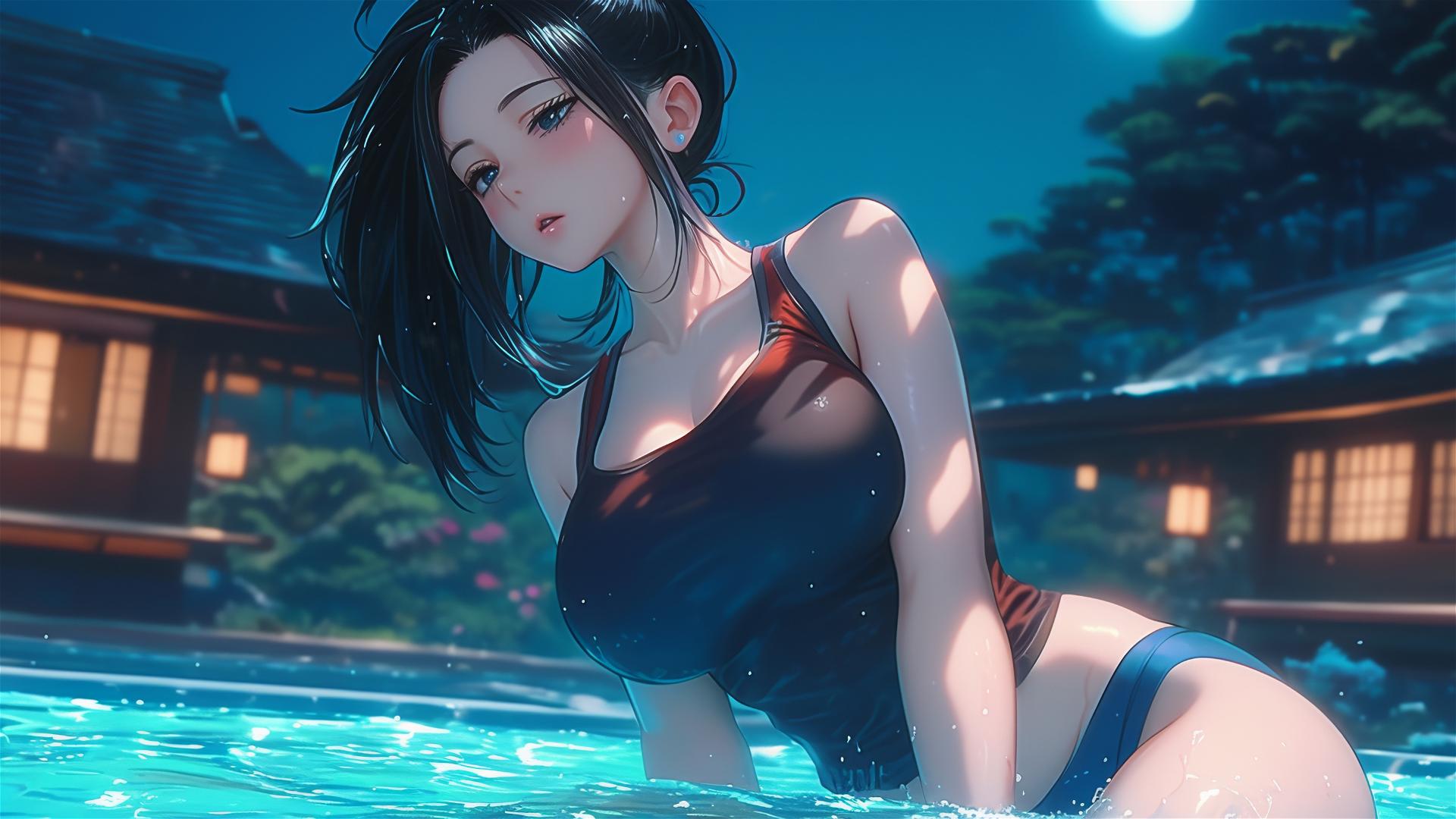 Momo Yaoyorozu resting by pool under moonlight