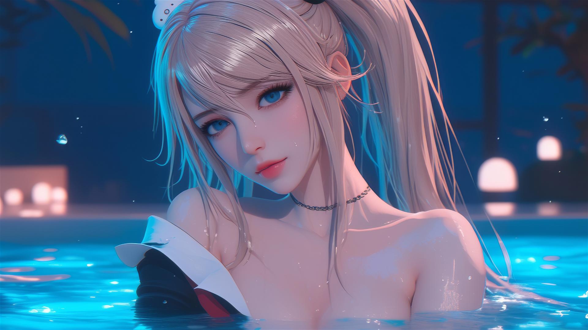 Hyper-realistic photo of Junko Enoshima resting in a tub with light blue eyes