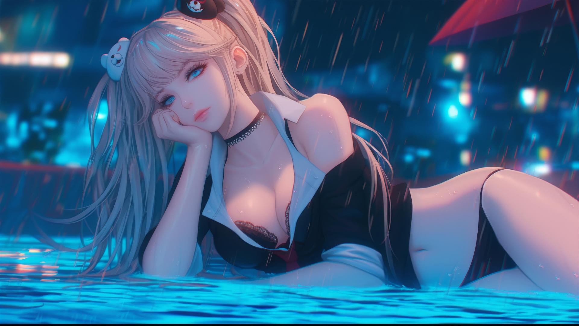 Junko Enoshima resting at rainy pool, thigh focus, blond hair, light blue eyes