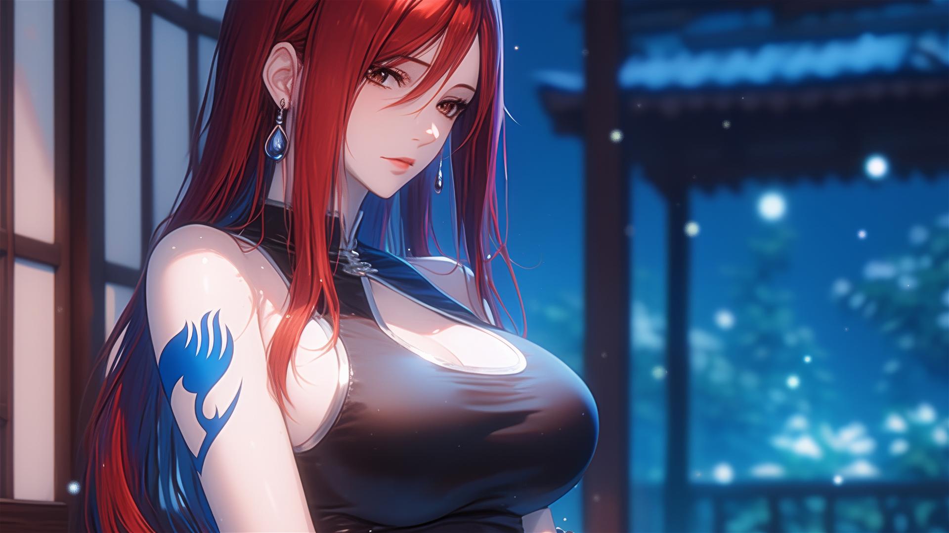 Erza Scarlet resting at home under moonlight, brown eyes glistening