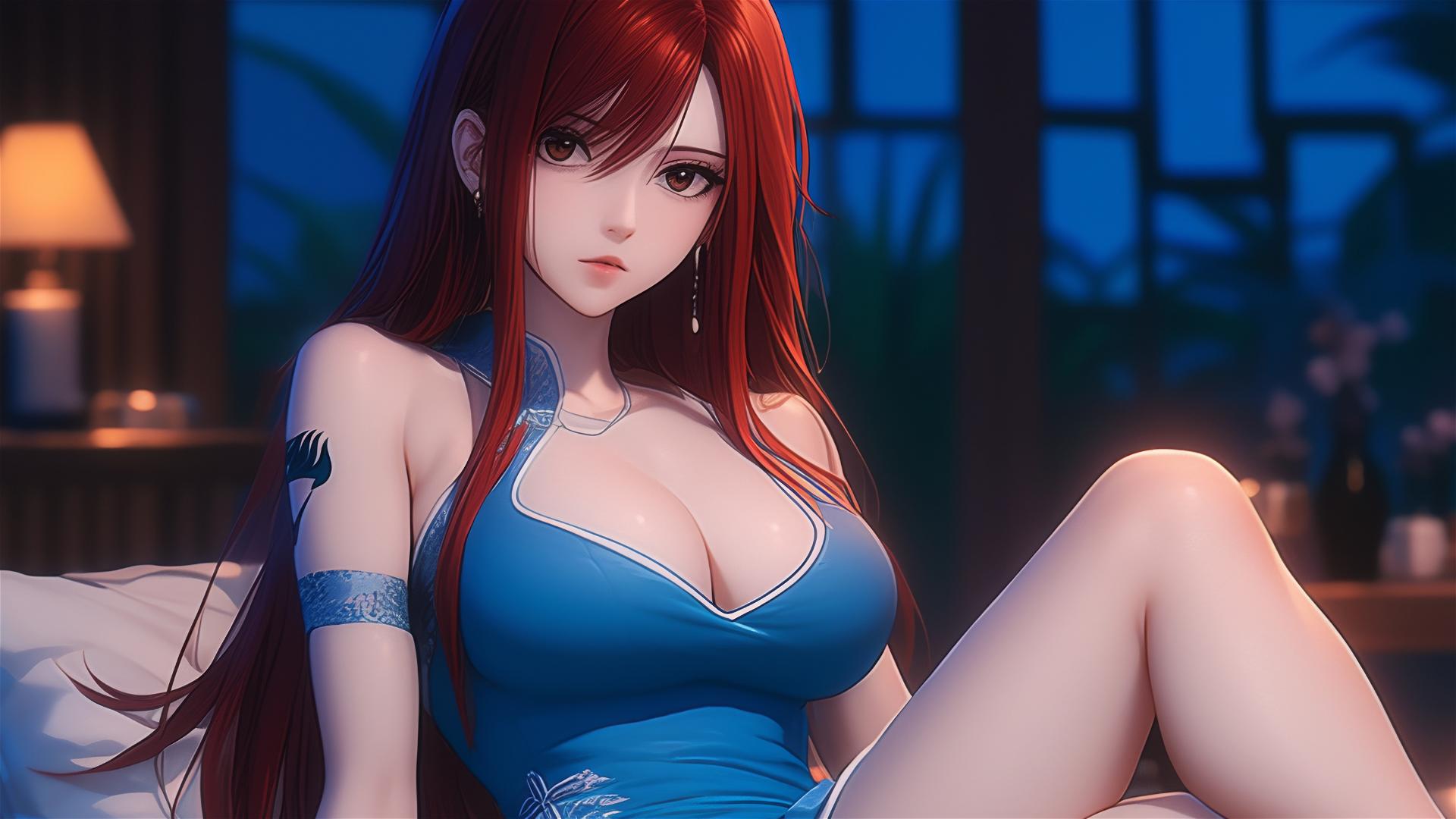 Erza Scarlet from Fairy Tail resting, moonlight highlighting her brown eyes