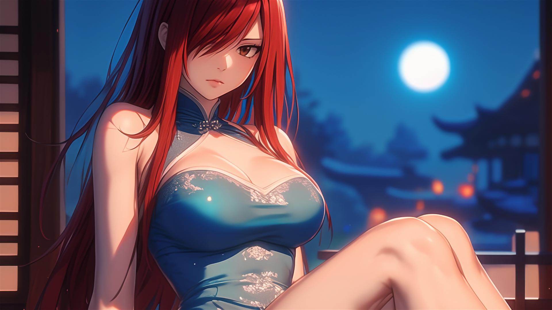 Erza Scarlet from Fairy Tail resting at home under moonlight
