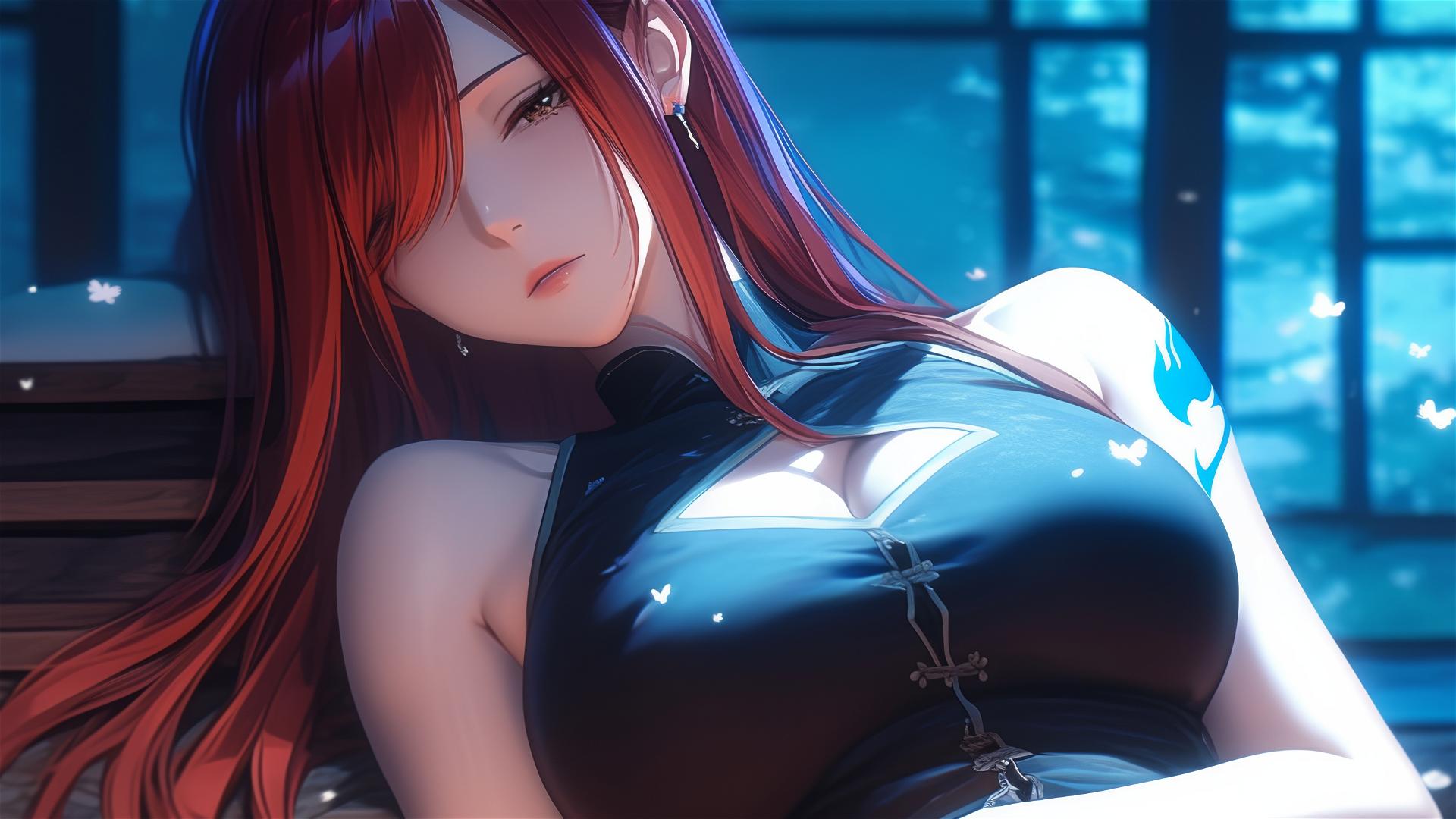 Erza Scarlet from Fairy Tail, resting at home under moonlight, brown eyes visible