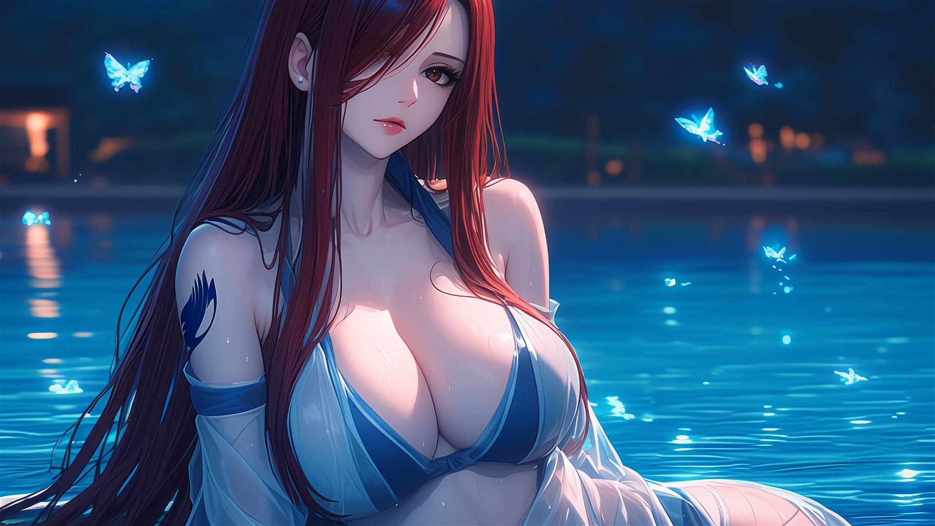 Erza Scarlet resting by a rainy pool under moonlight with brown eyes
