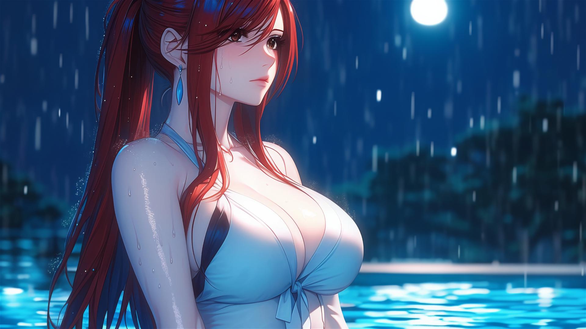 Erza Scarlet resting by a pool under moonlight with rain, brown eyes visible