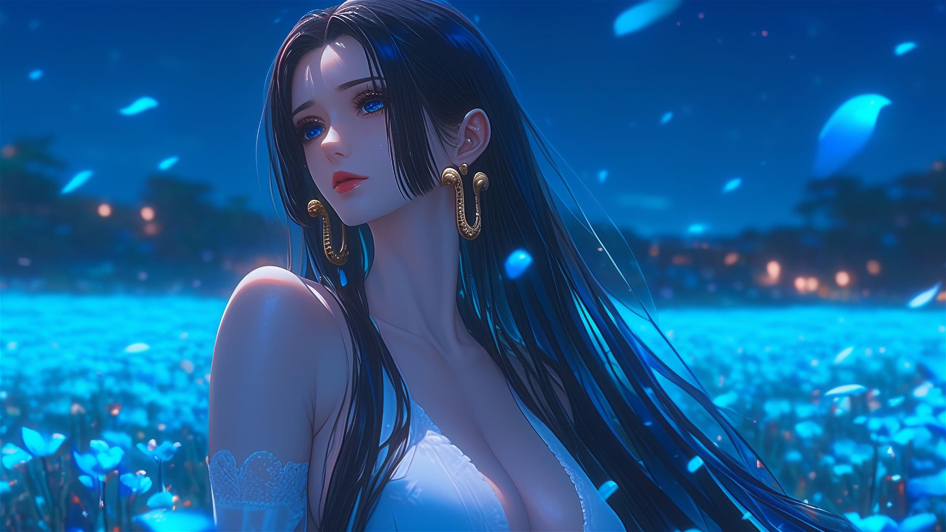 Boa Hancock from One Piece walking in blooming fields under a starry night sky with moonlight casting a soft glow on her