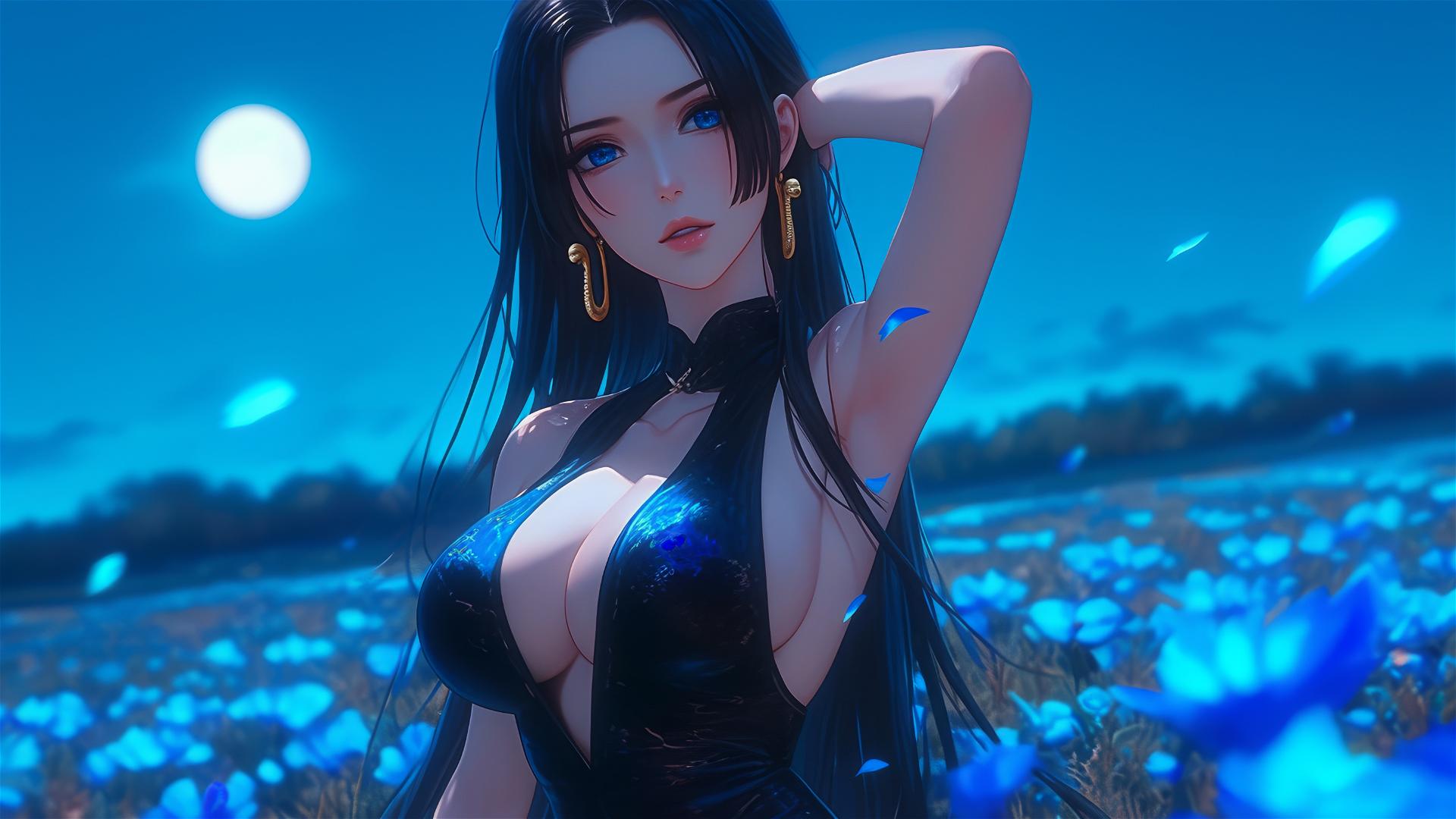 Boa Hancock from One Piece walking in blooming fields under a starry night with moonlight glow