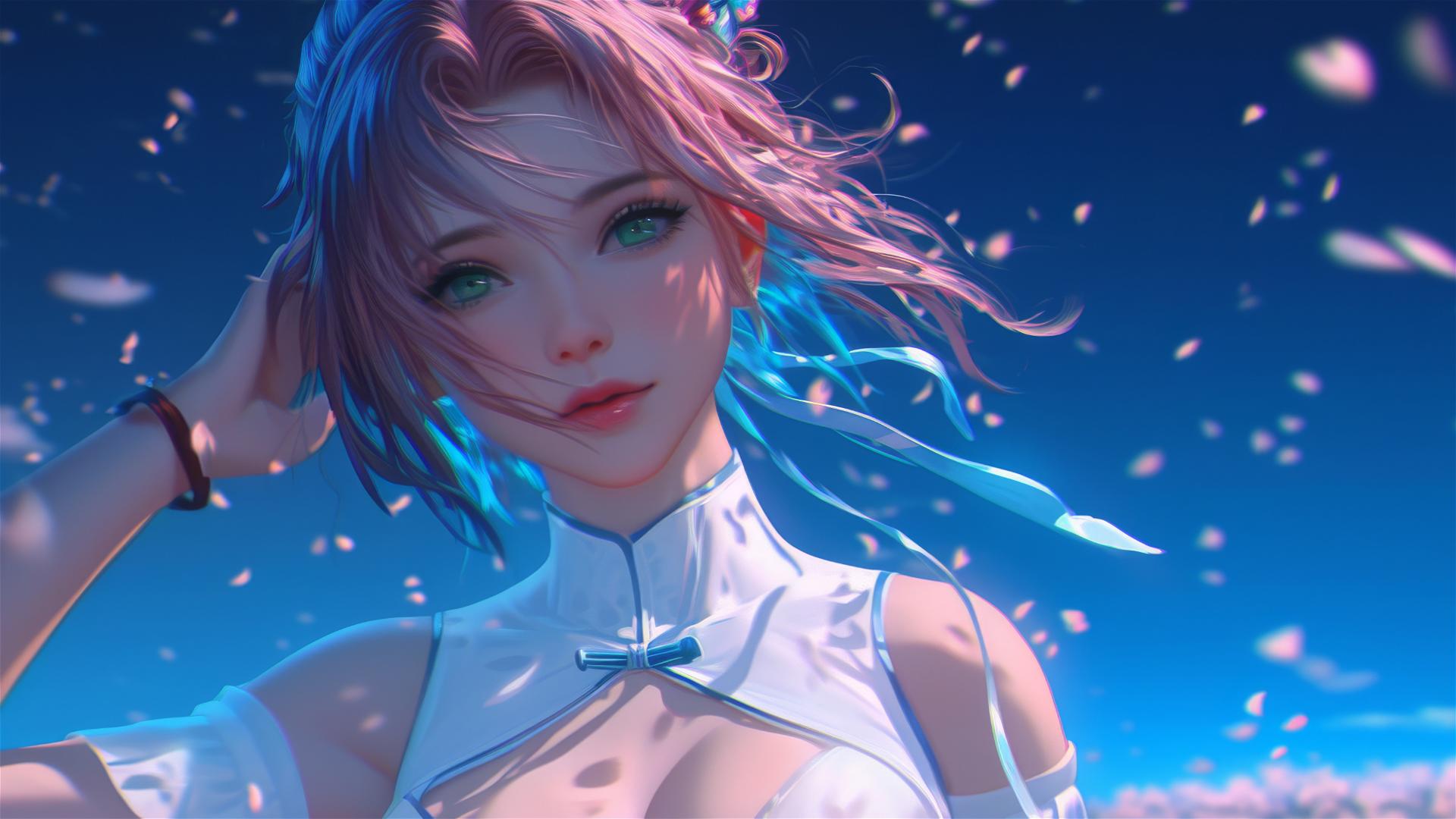 Sakura Haruno from Naruto walking in blooming fields under starry sky with moonlight