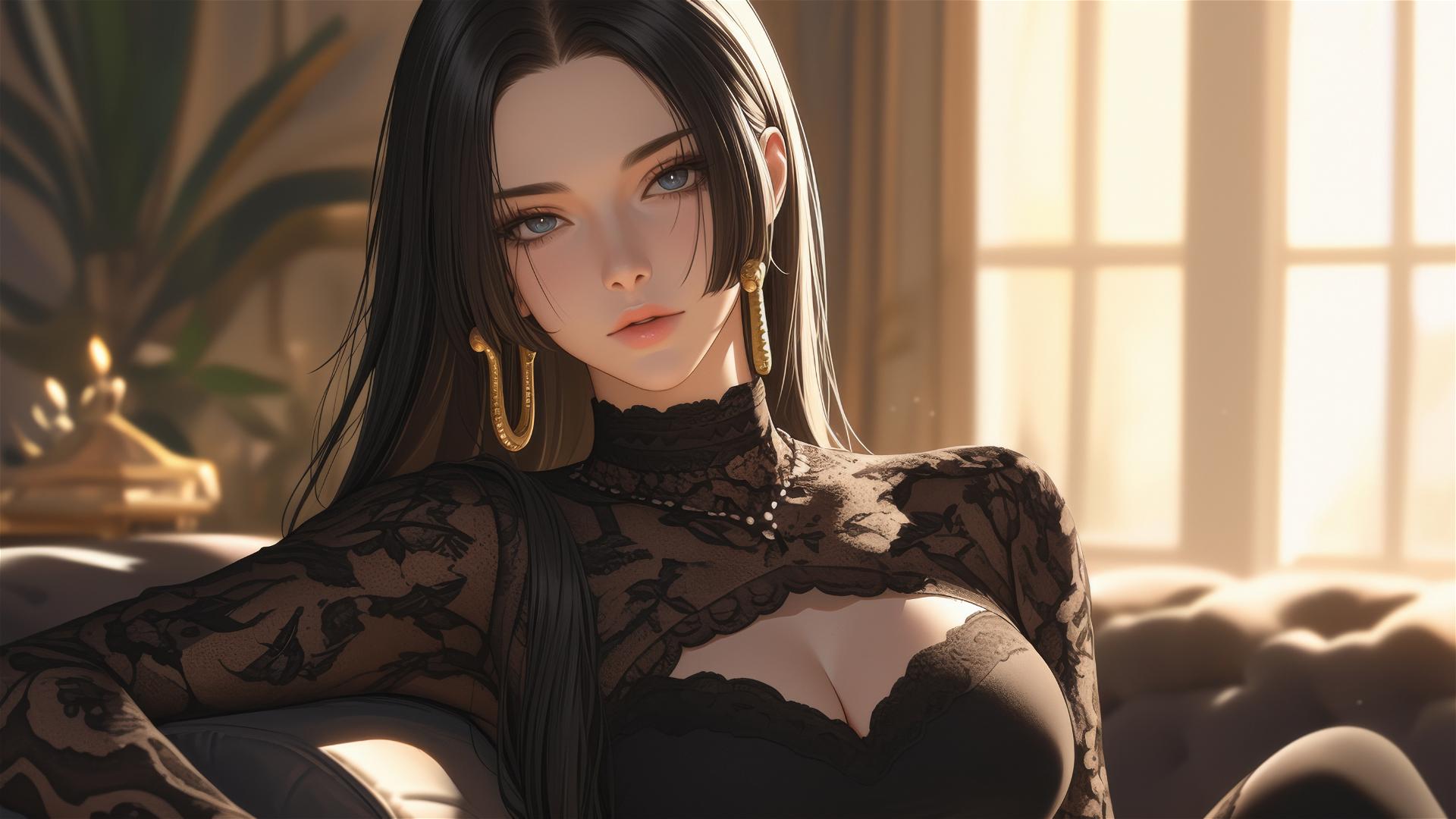 Boa Hancock from One Piece in an art gallery with soft lighting.
