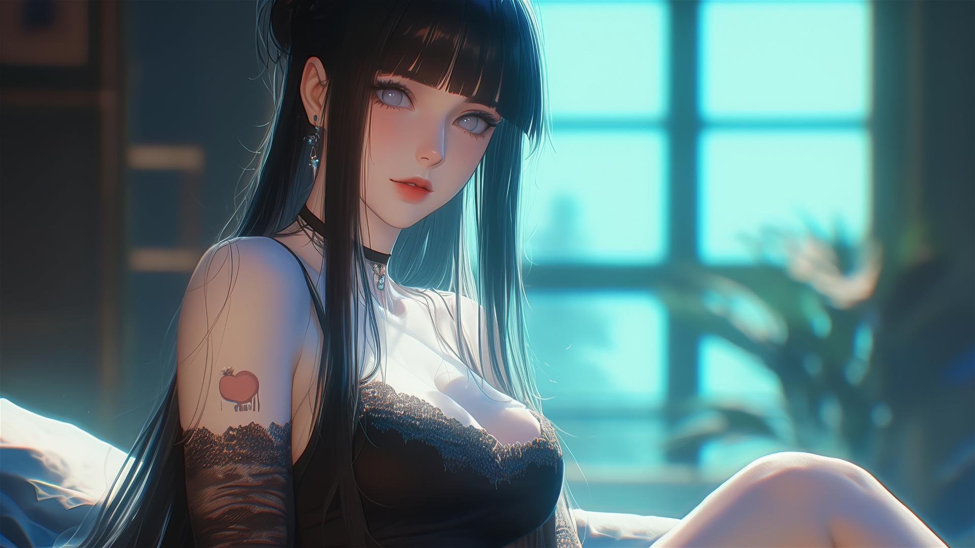 Hinata Hyuga from Naruto, in a home setting under a soft sunlight glow