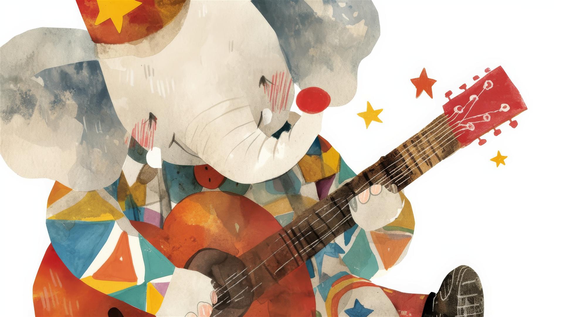 A cute elephant with a clown costume and a clown nose, playing guitar, a simple watercolor clipart of a happy baby unicorn stars and rainbows against a white background, with no text, inspired in the style of Ryo Takemasa and Jon Klassen.