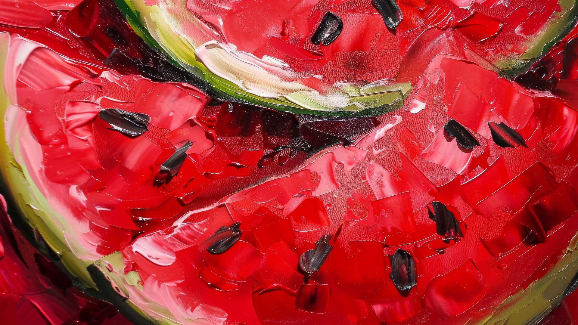Close-up of juicy watermelon slices in oil painting style