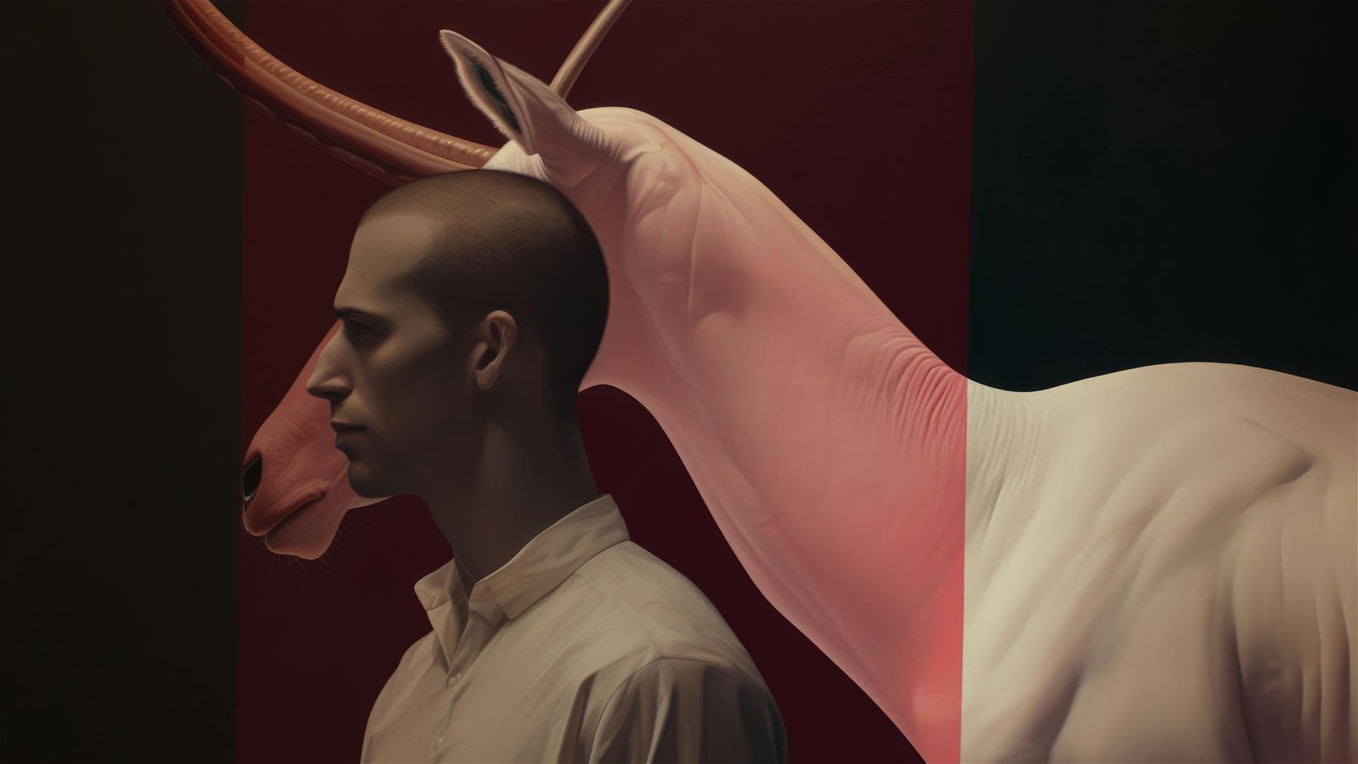 Arab man with Arabian oryx in hyper-realistic neon oils on black background