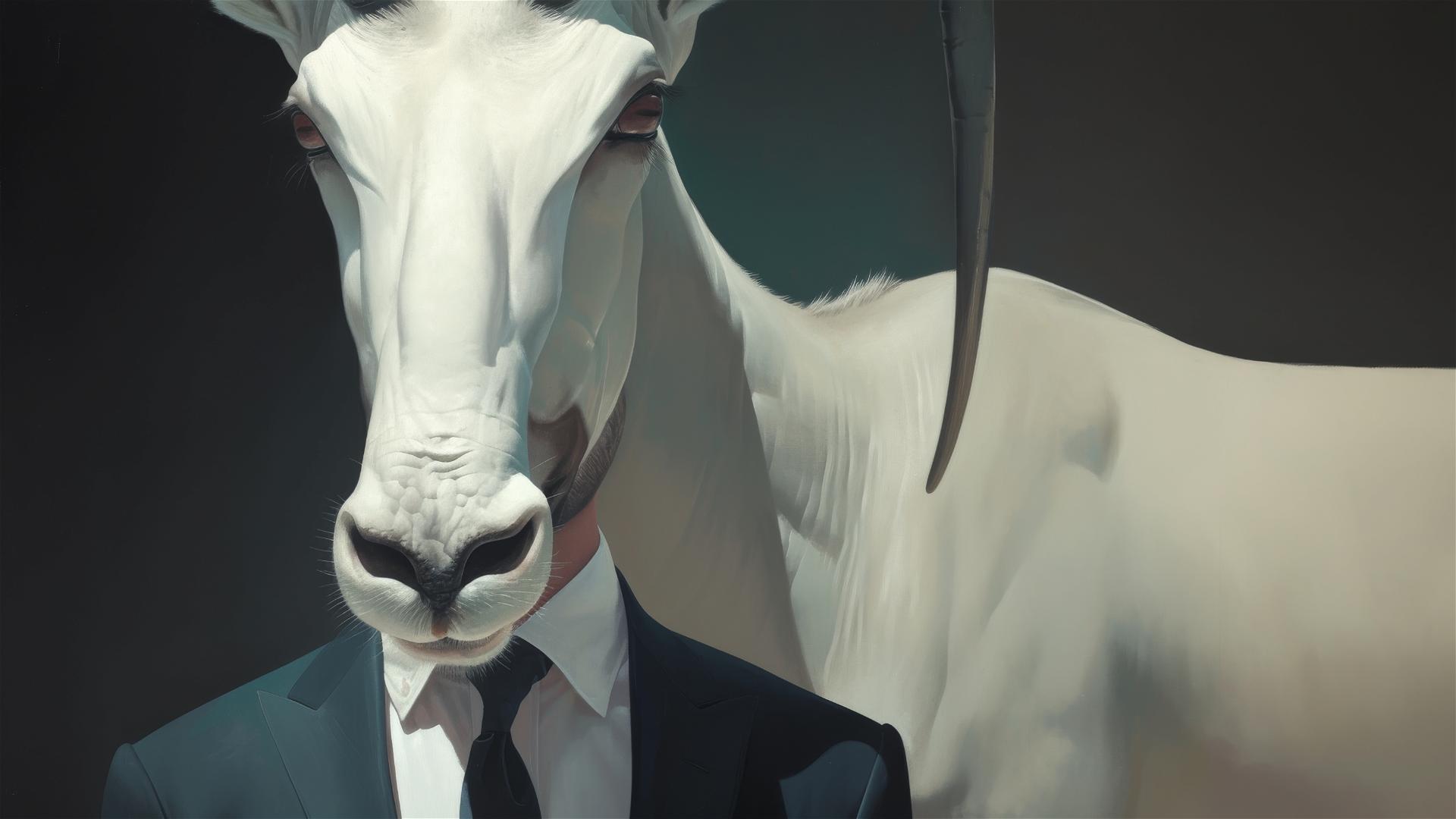 Hyper-realistic oil painting of an Arabian oryx with a man in neon bright colors against a black background