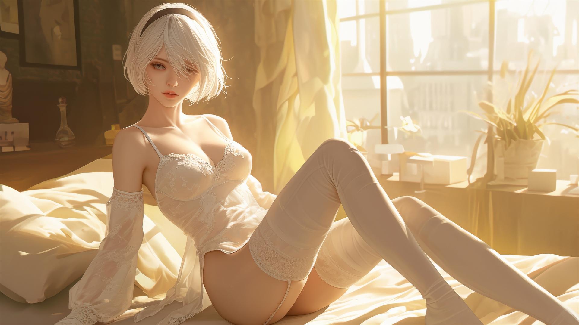 2B from Nier in white silk pajamas resting in apartment at sunrise