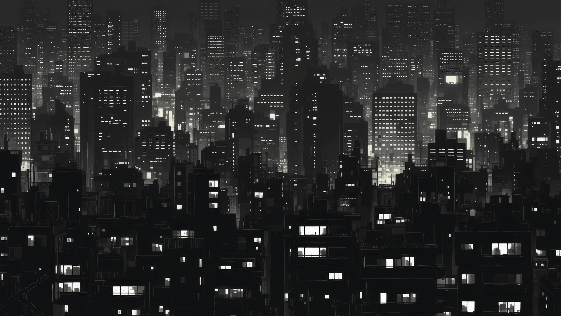 Black skyline and dark building outlines contrasting with a slightly lighter night sky