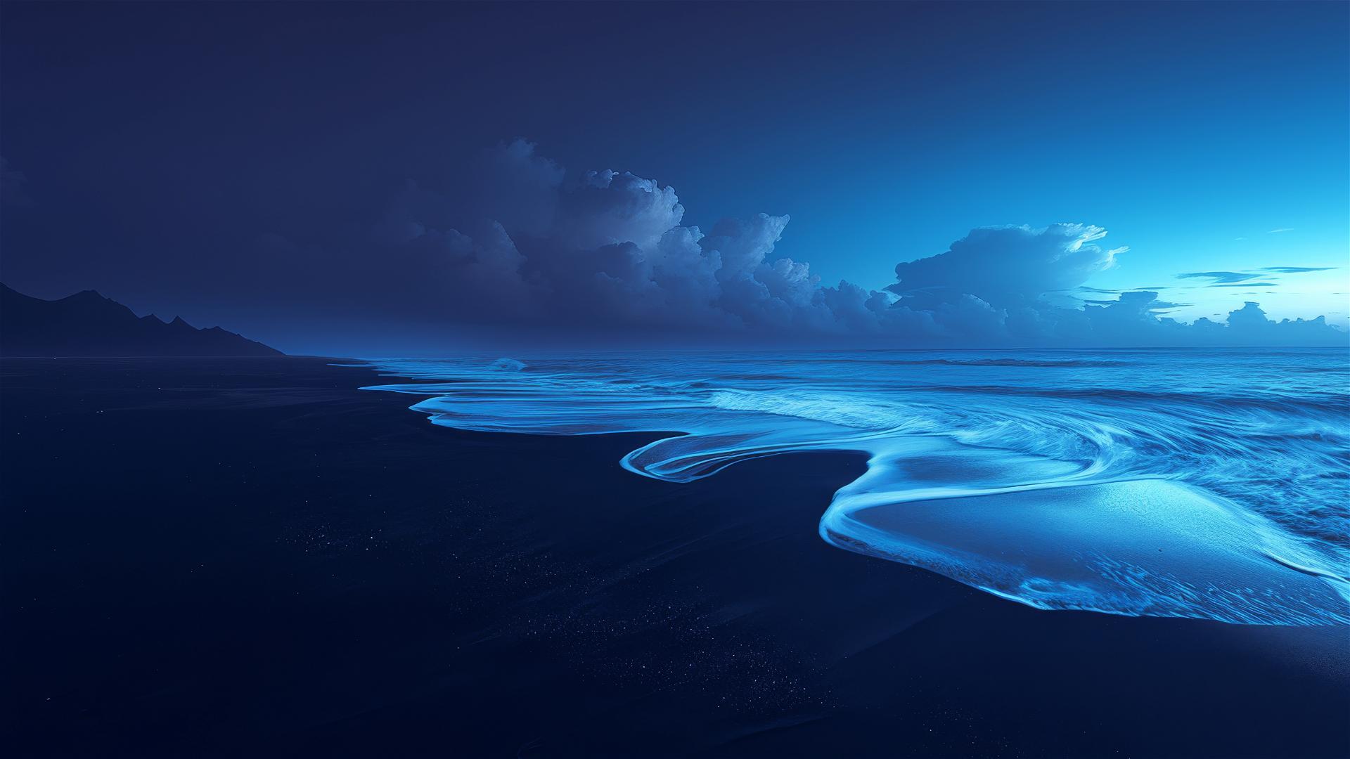 Serene black beach with bioluminescent blue waves at twilight