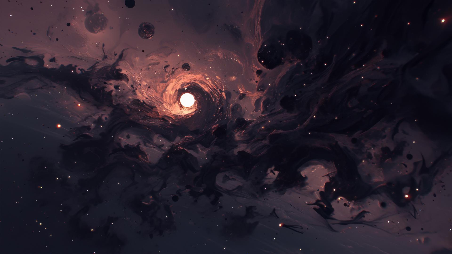 Deep space scene through spaceship window with dark nebula and obscured stars