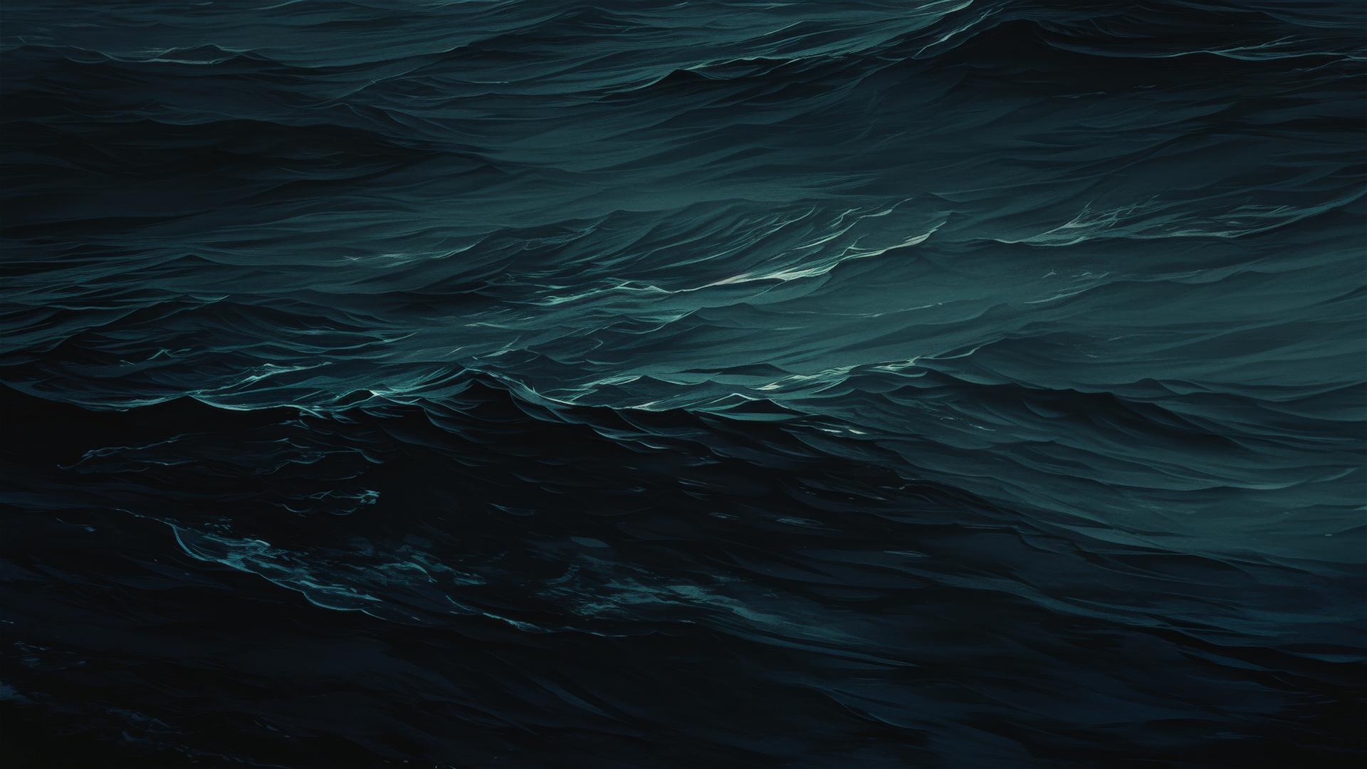 Dark ocean at midnight reflecting the black sky above, serene and boundless