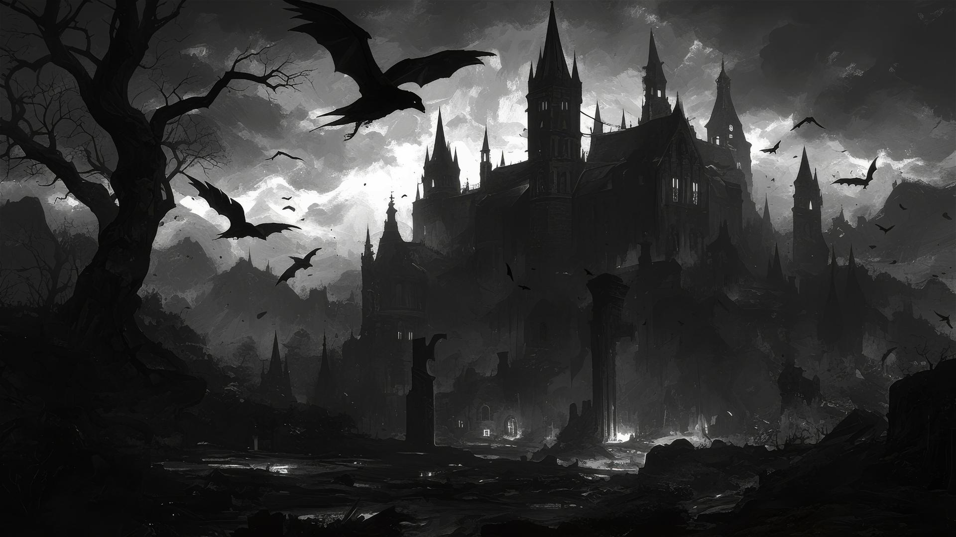 Silhouette of haunted castle against dark sky