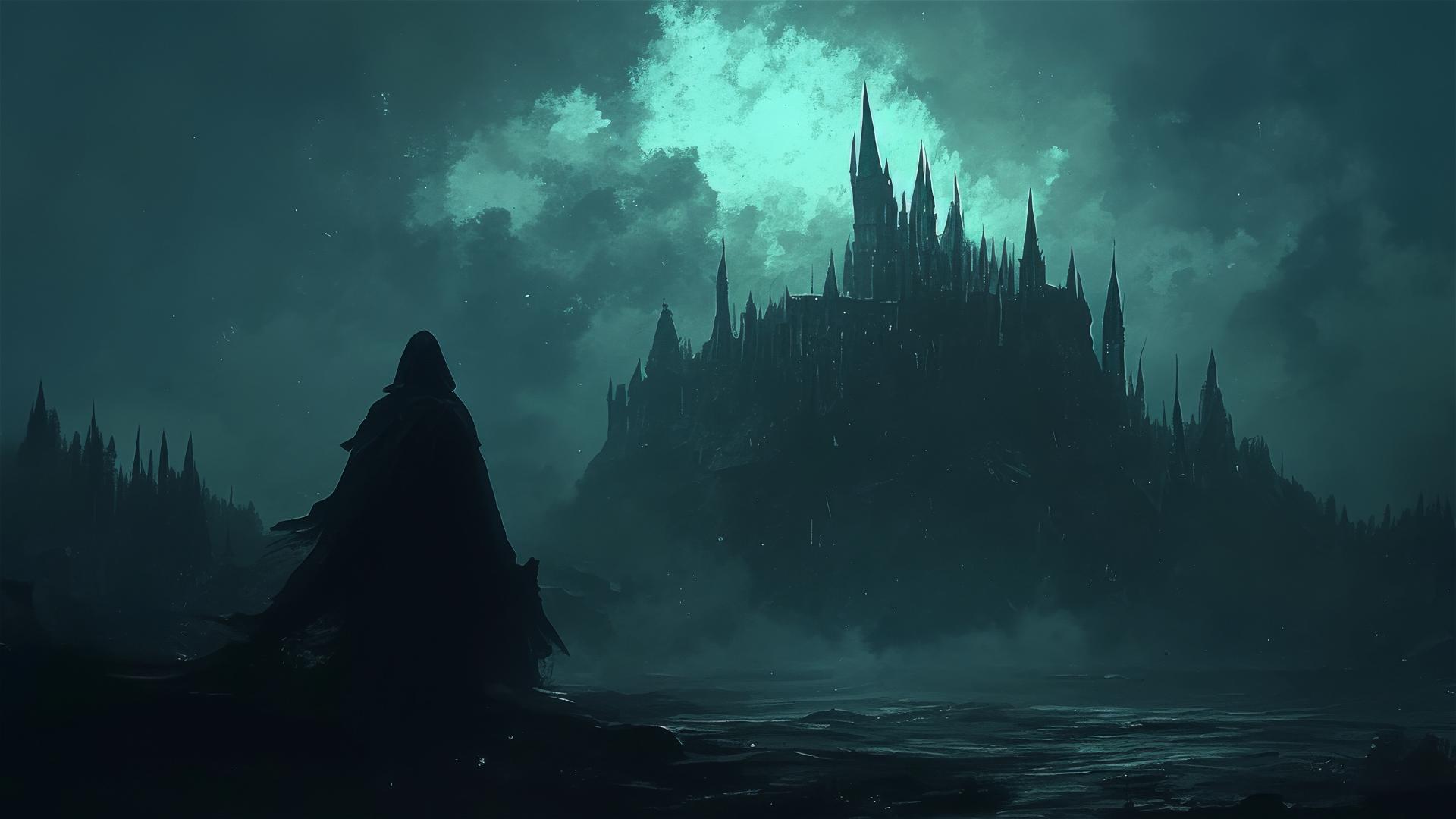 Dark silhouette of a haunted castle against a pitch-black sky