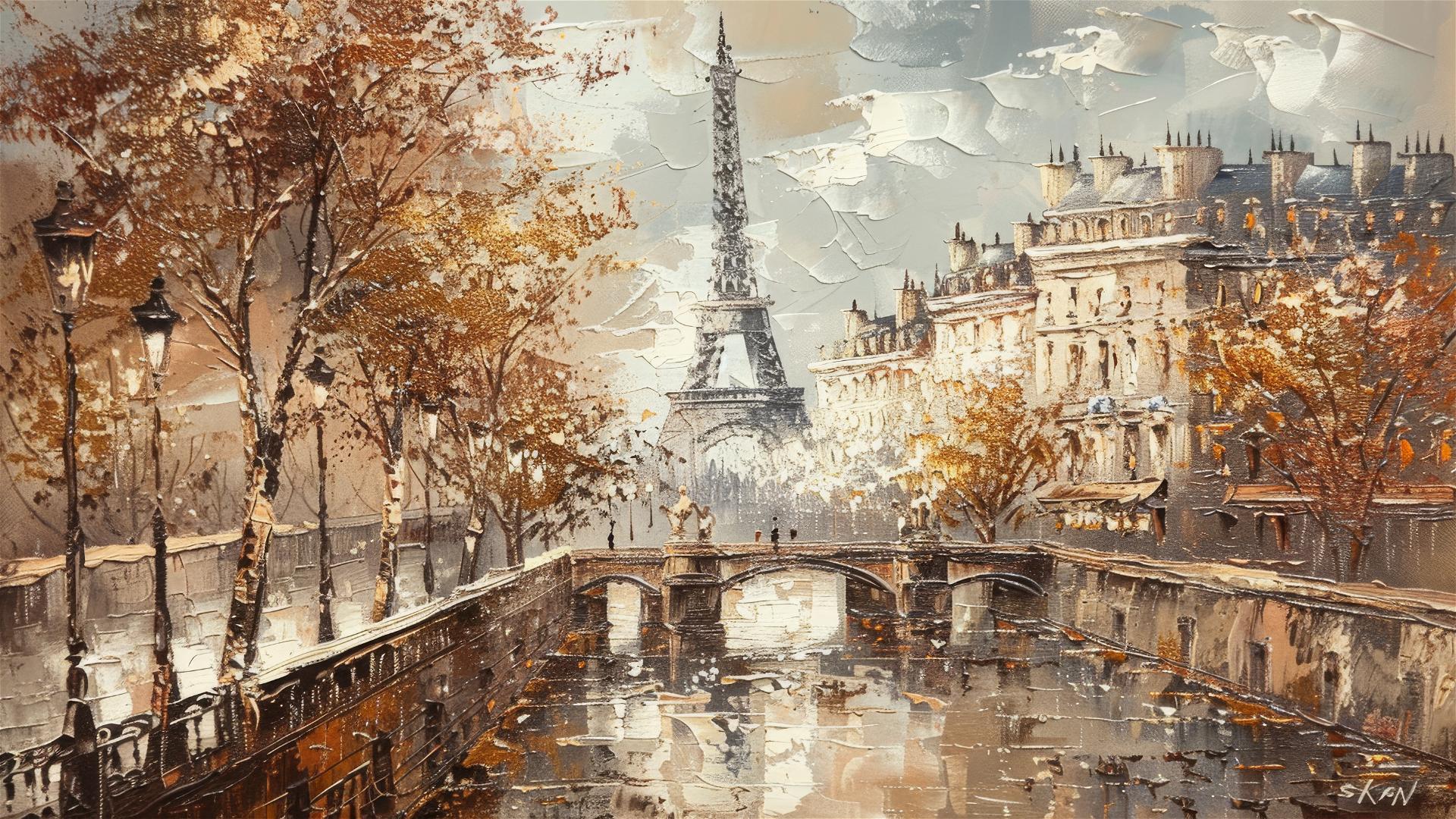 Oil painting of Paris showcasing worn brushstrokes and dry brush technique embodying nostalgic beauty.