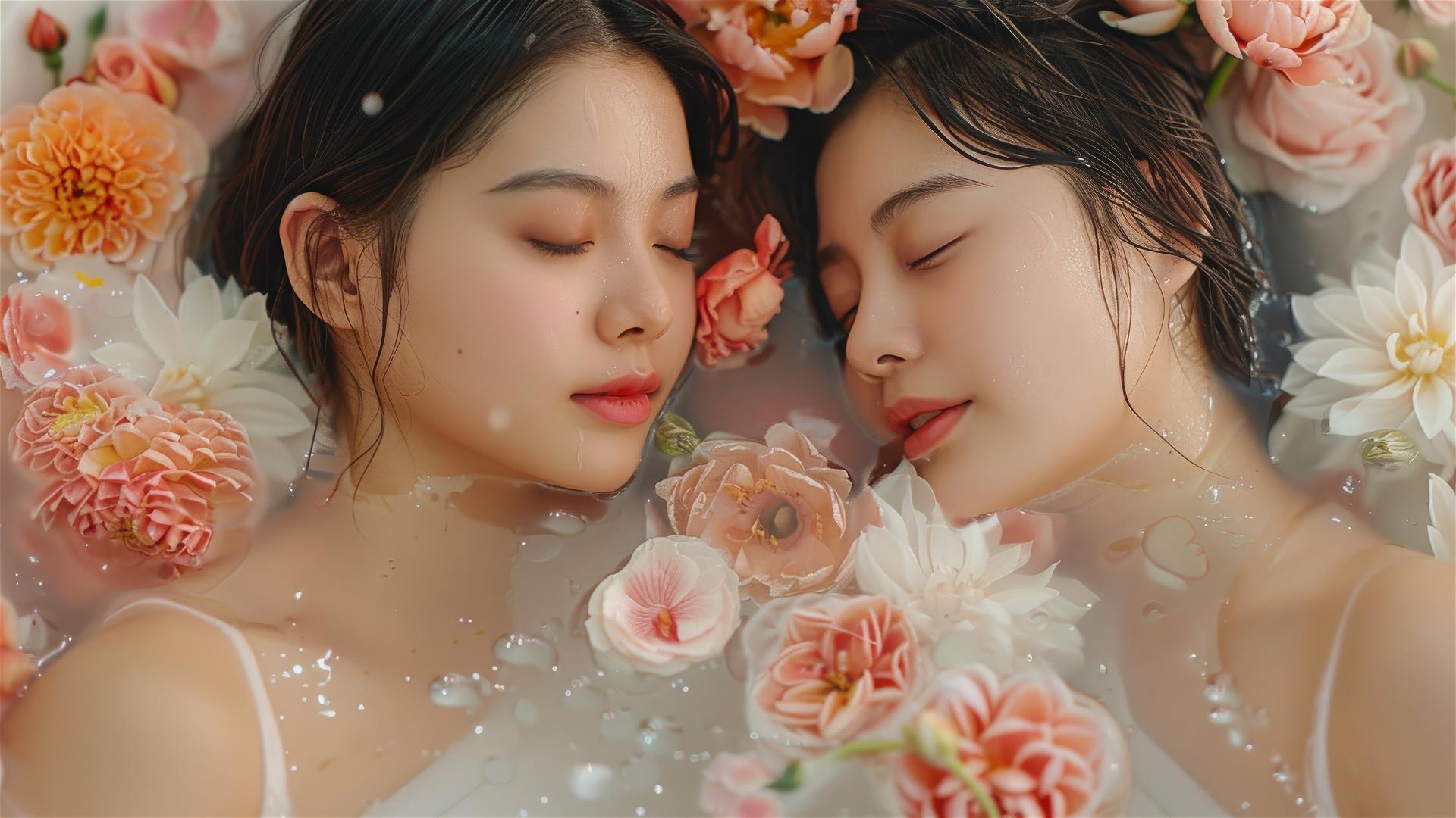 Asian women in a floral tub at a Chinese spa