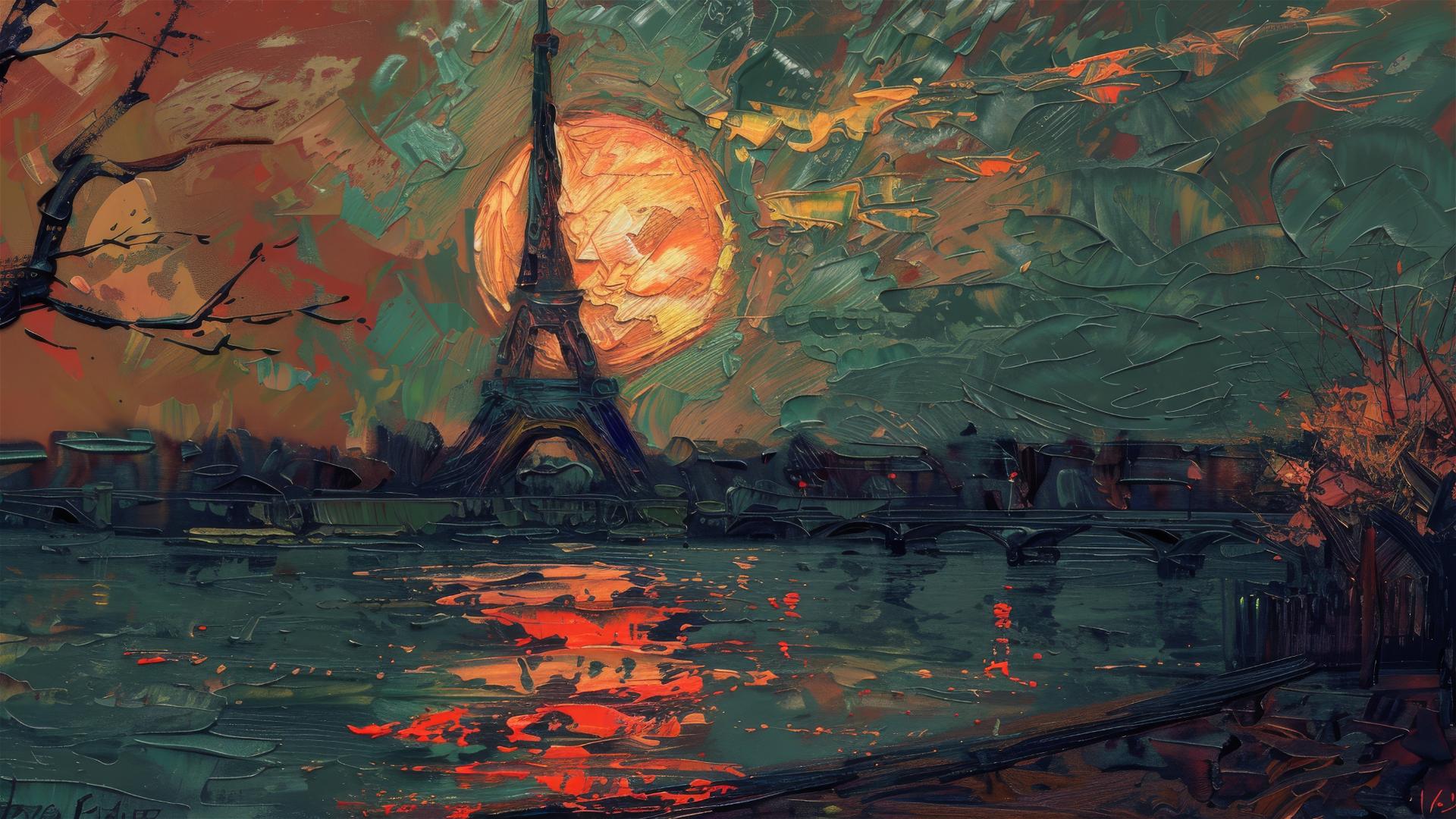 Van Gogh style Eiffel Tower at dusk with crescent moon