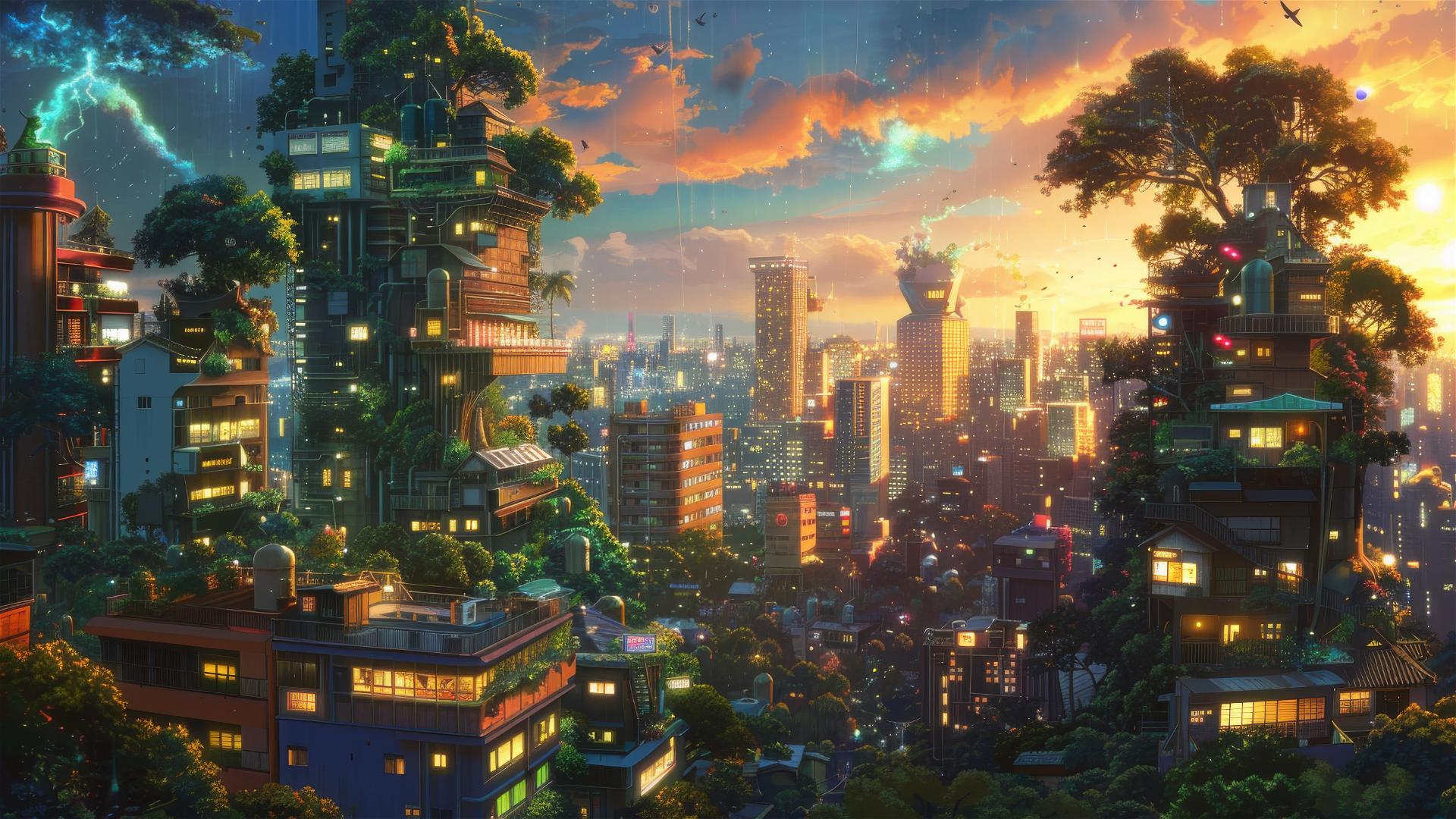 Anime cityscape with Ghibli magic, skyscrapers and mystical creatures at golden hour