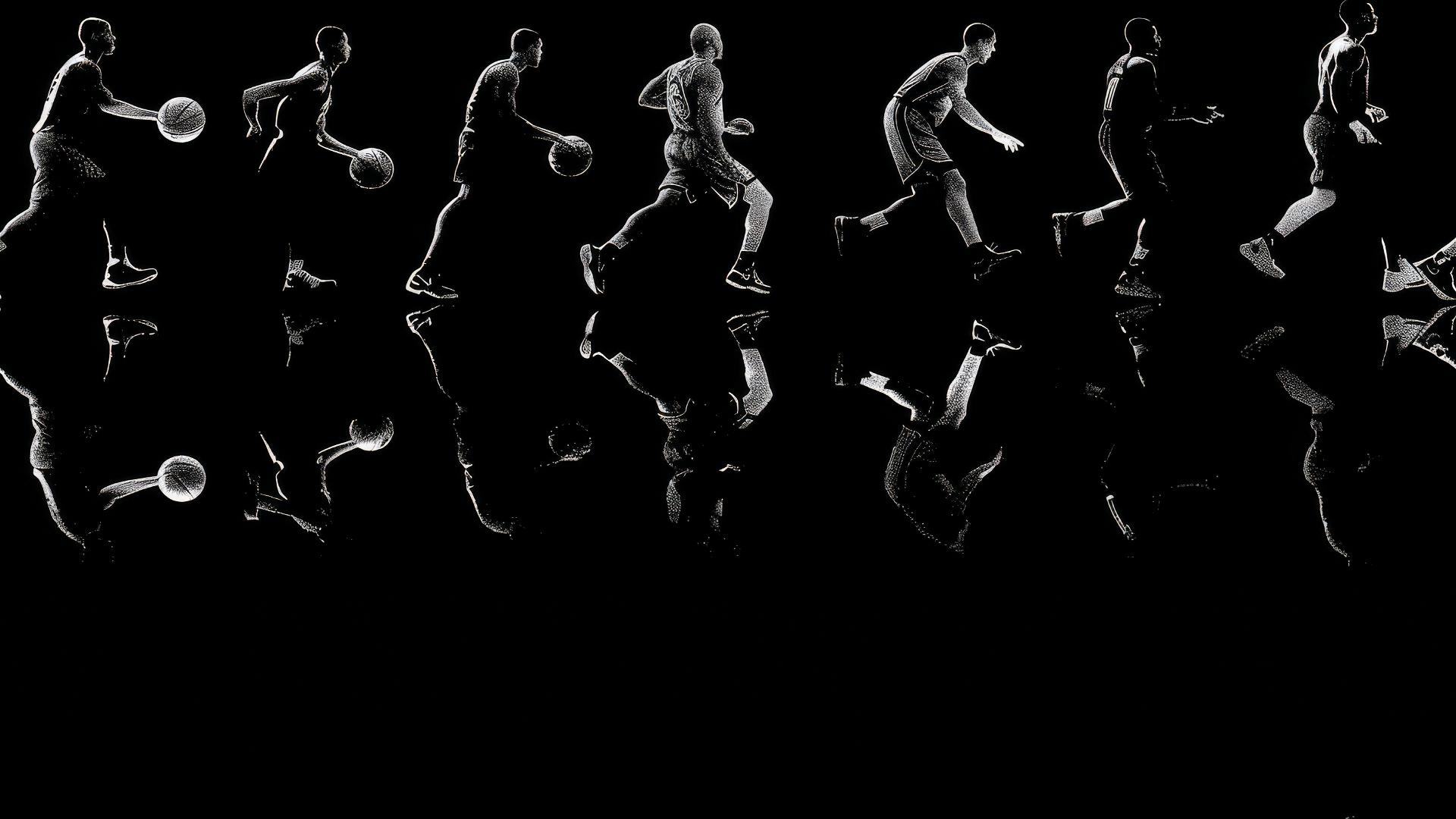 Silhouettes of basketball players on a black background