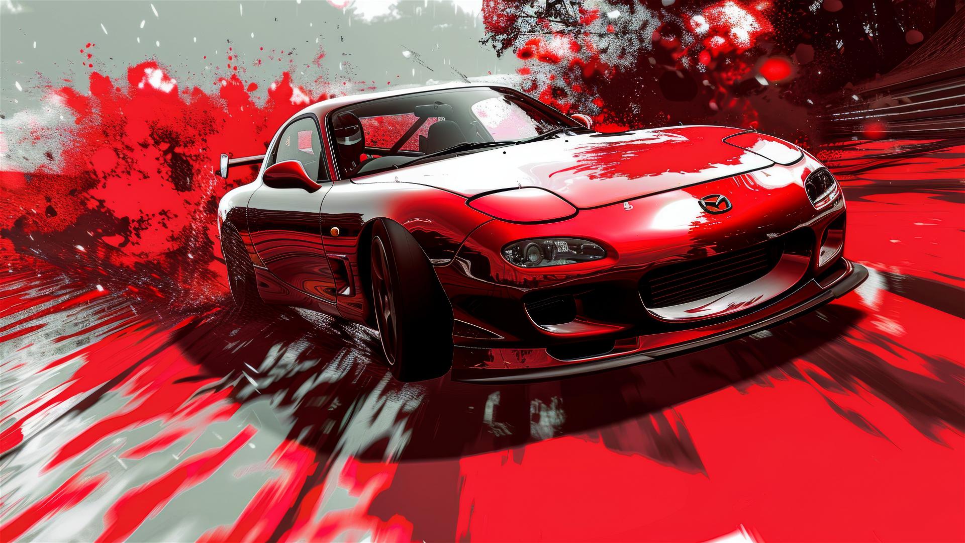 Red Mazda FD in manga style drift scene with crisp lines