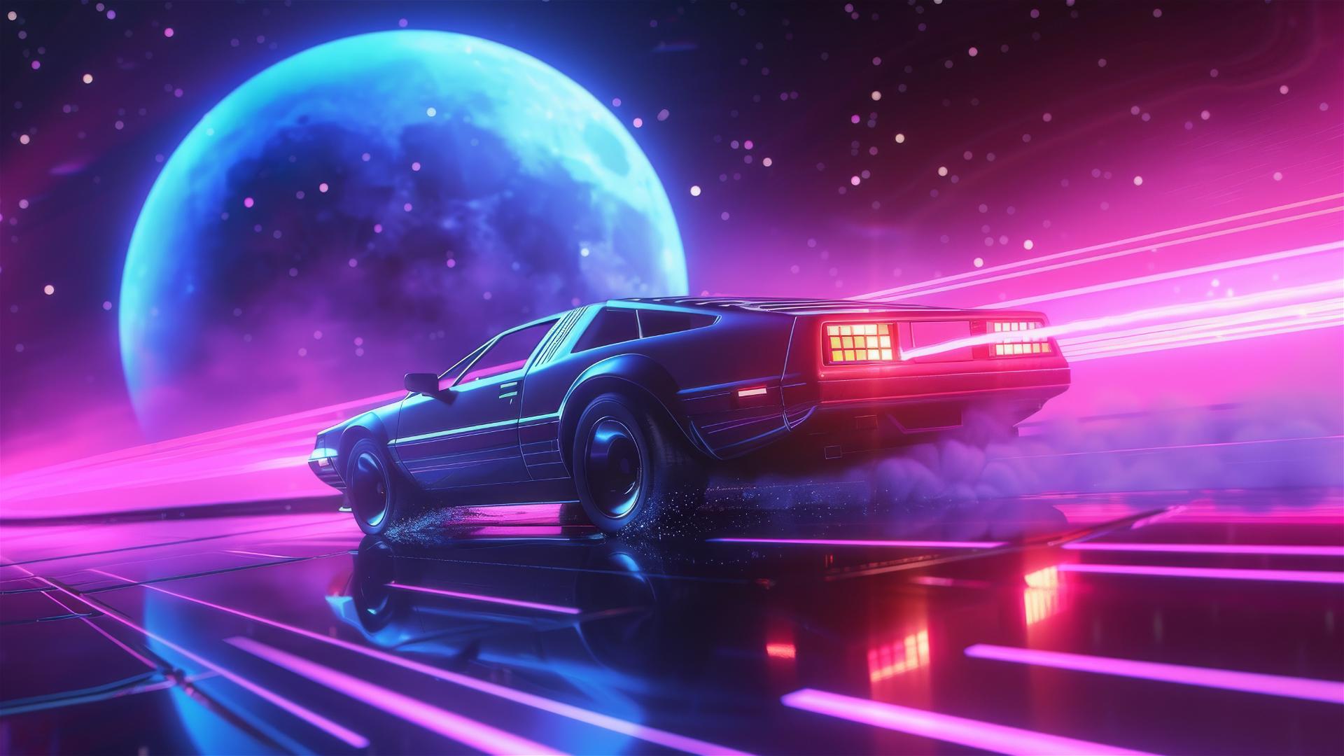 Synthwave car cruising on a space highway towards the moon