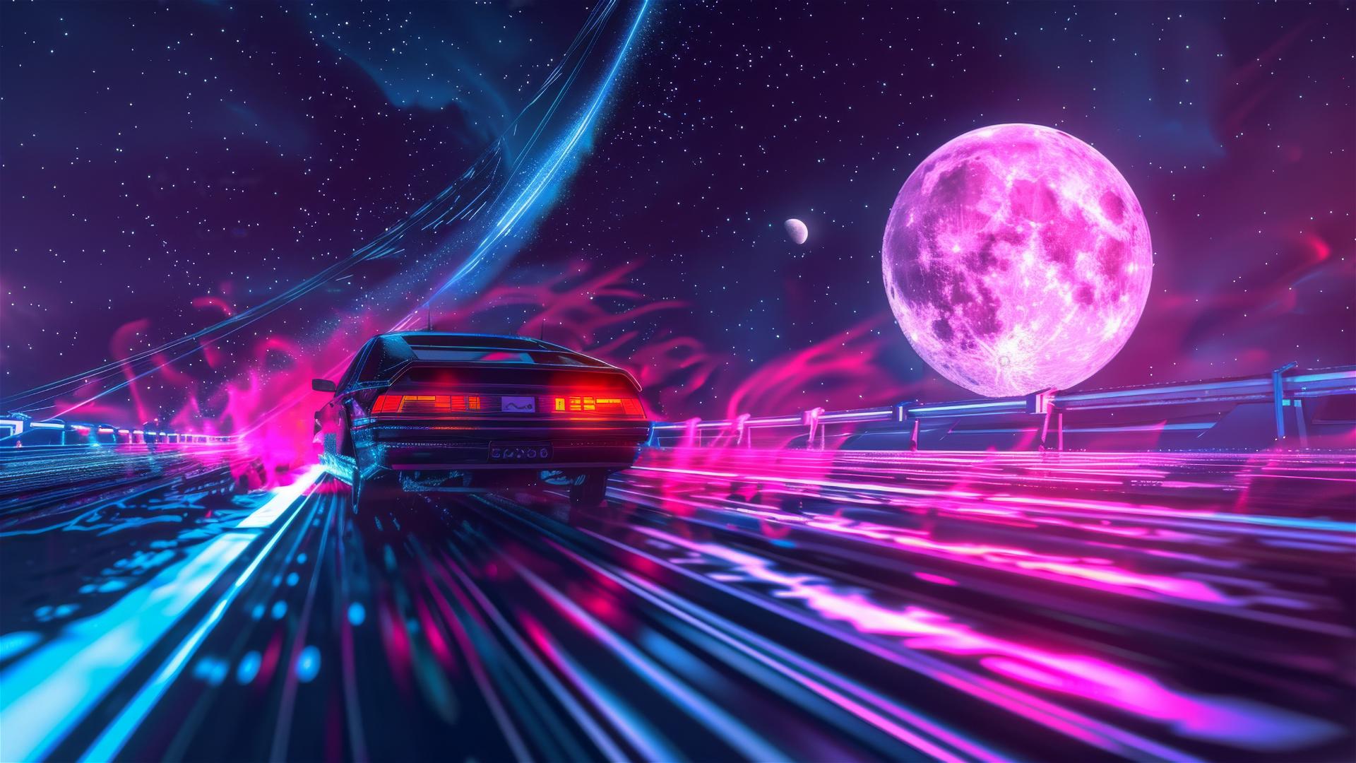Synthwave car cruising on a cosmic highway towards the moon