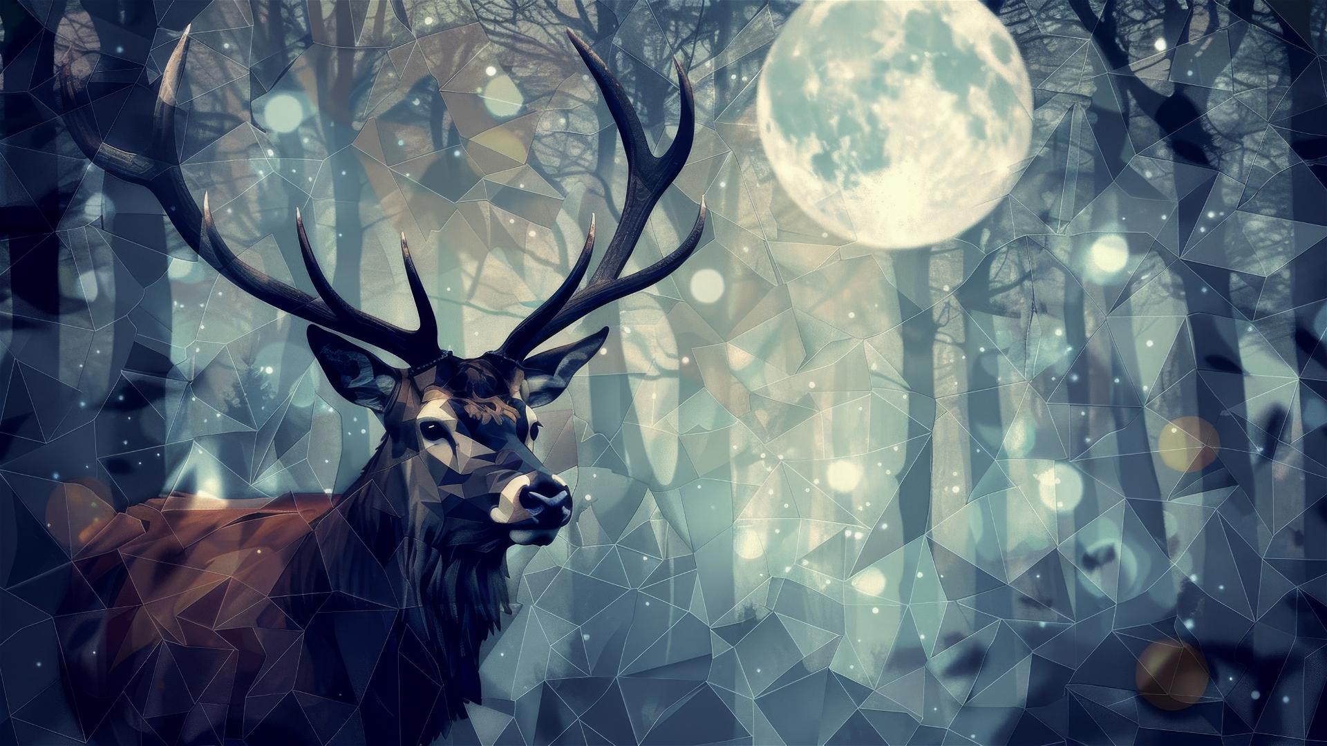 Cubist stag head with full horns in moonlit glade