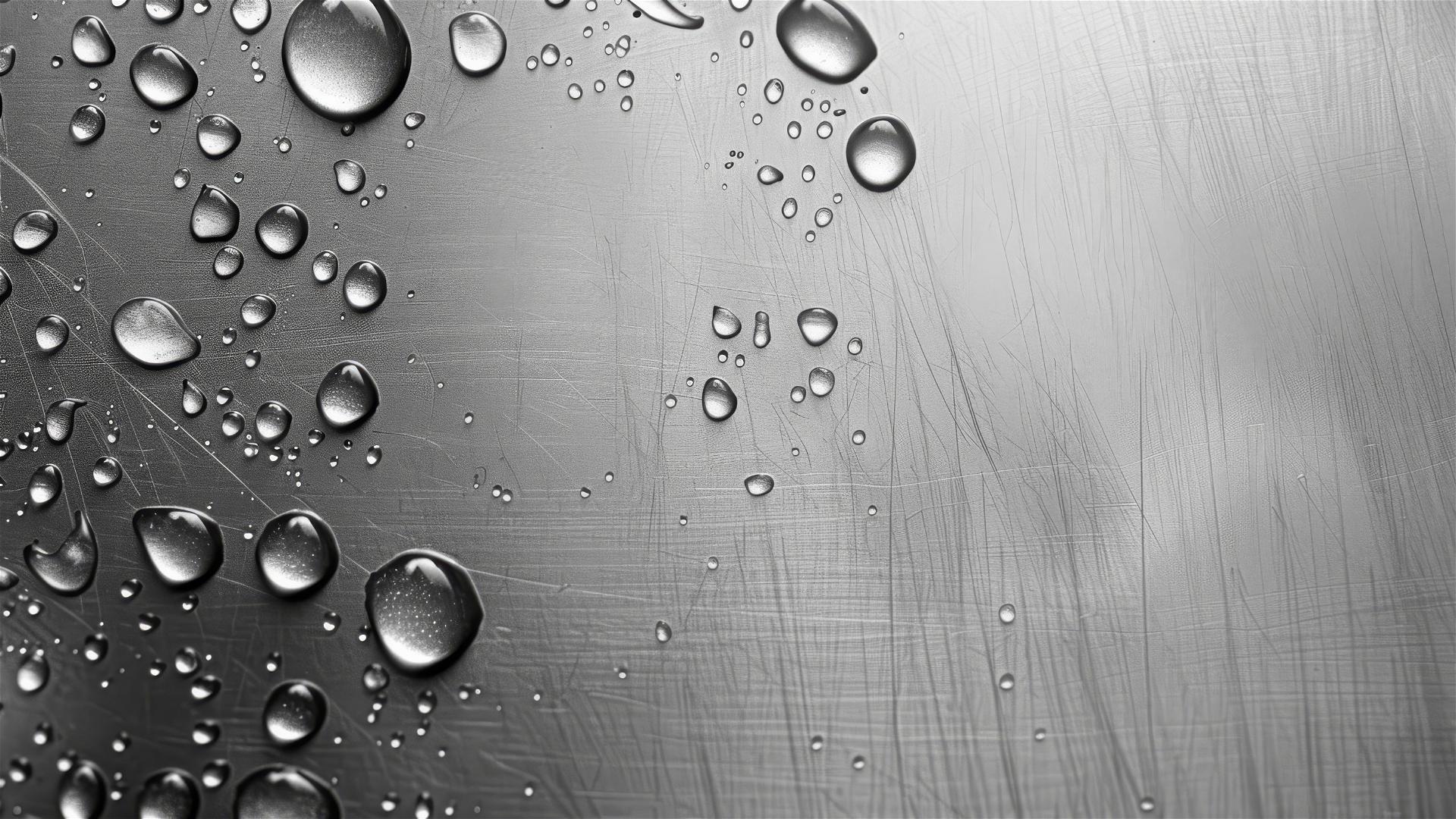 Close-up view of a blank aluminium surface sprinkled with water droplets