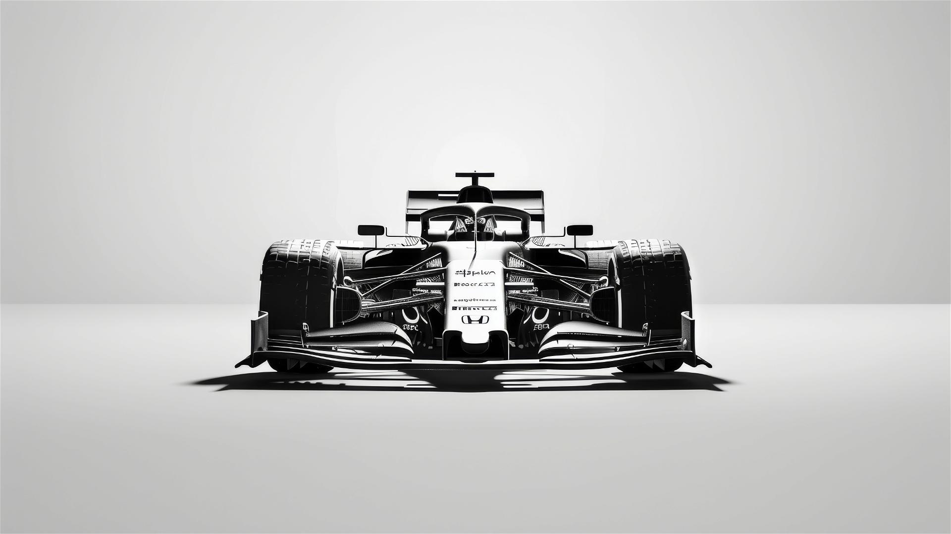 Lewis Hamilton beside his F1 car in minimalist black and white poster art