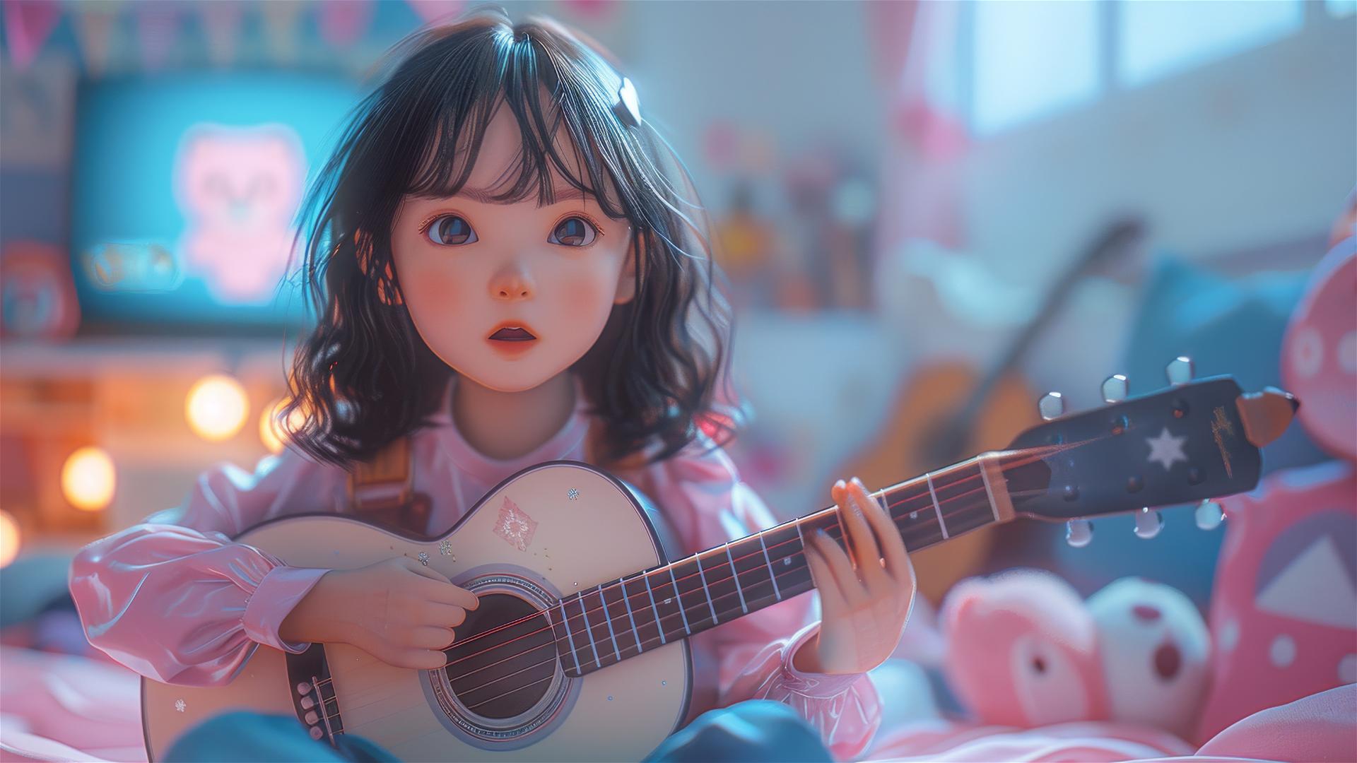 Chubby cartoon girl playing guitar, bright blue and purple gradient