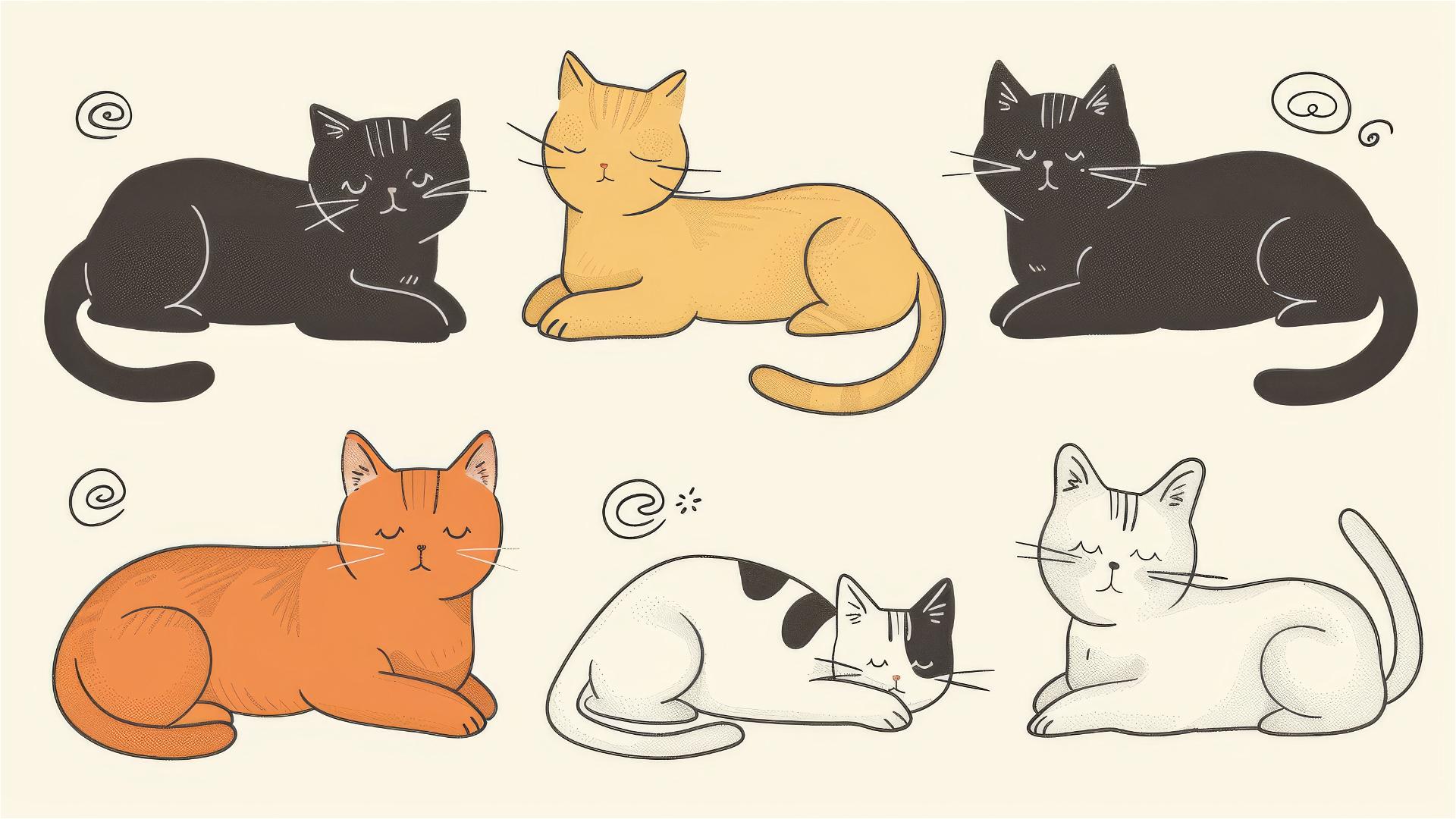 Cats in different positions, flat line drawing on a pastel cream background