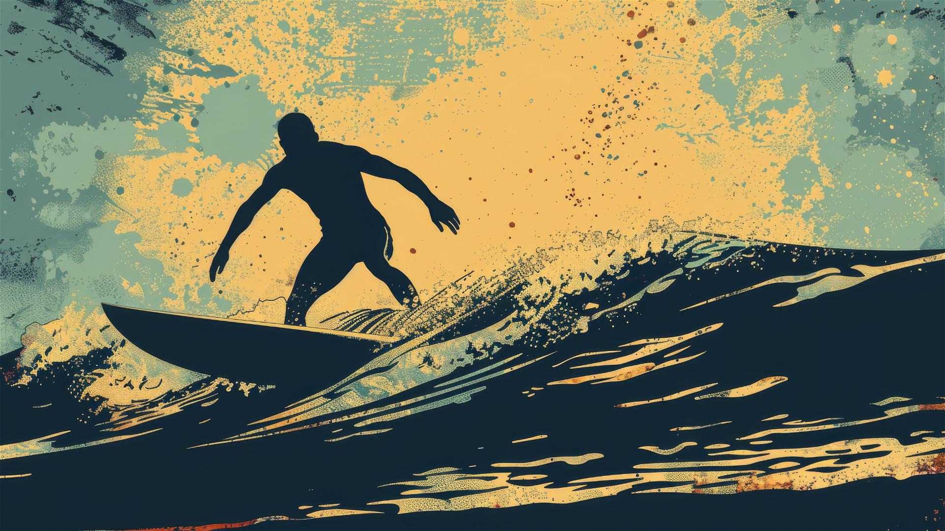 Silhouette of surfer paddling on sea in tattoo vector style