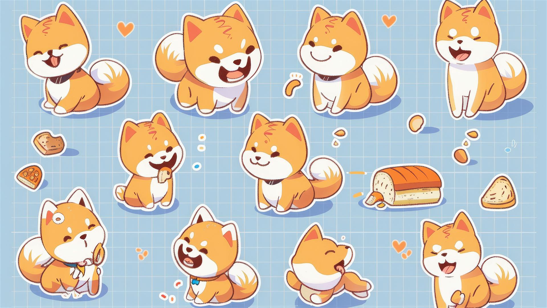 Nine kawaii Shiba Inu characters, eating treats, vector illustration.